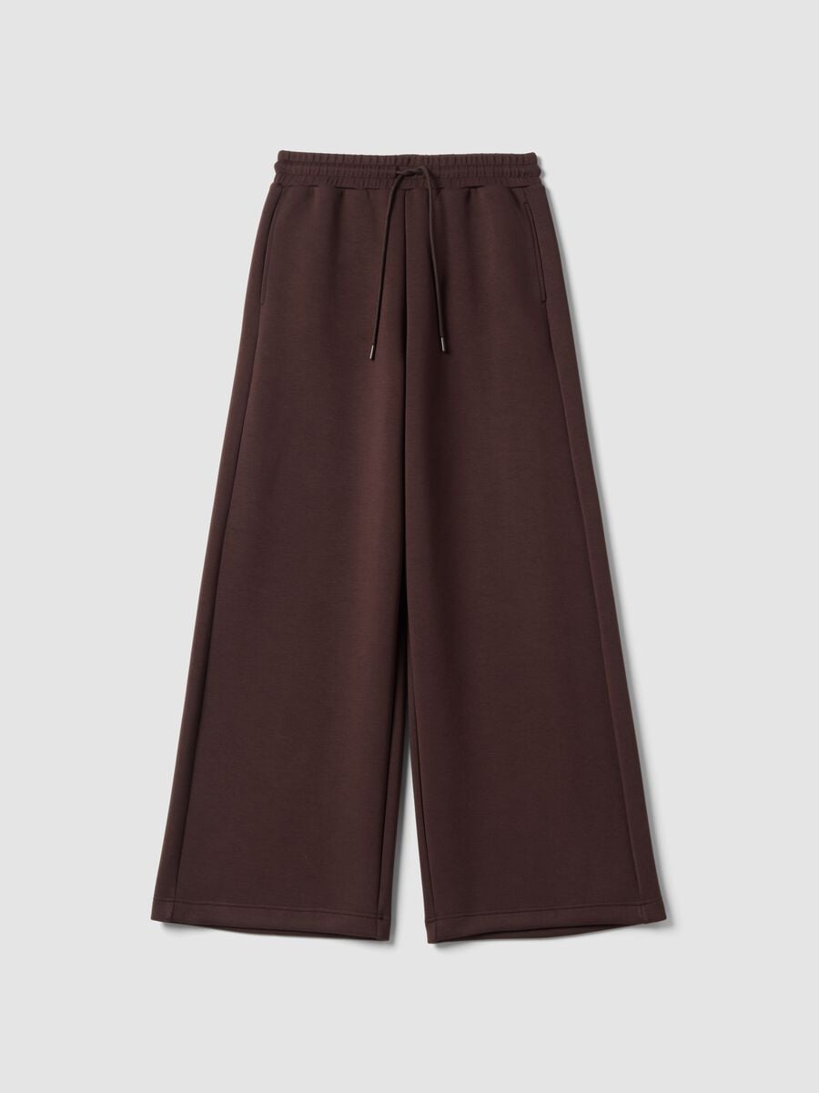Pantaloni marroni wide leg in modal elasticizzato con coulisse_0