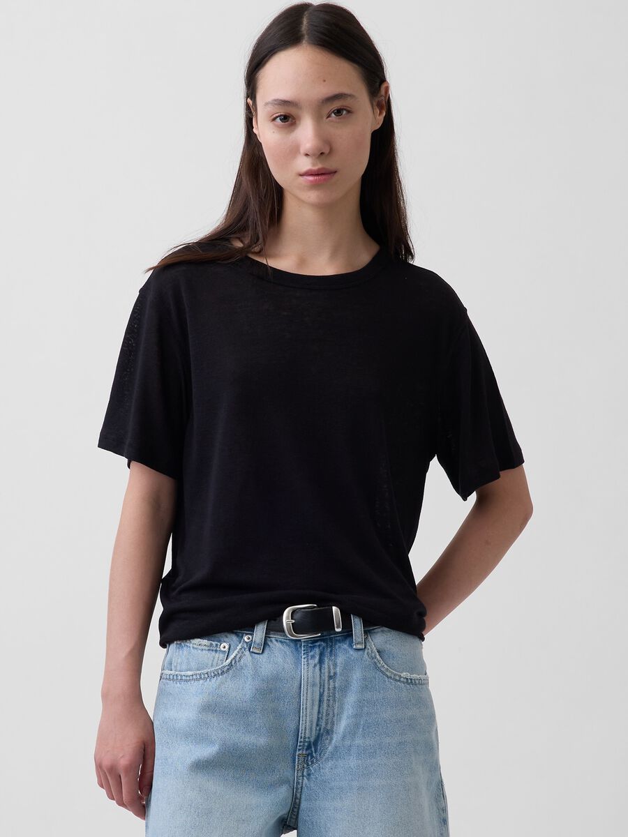 T-shirt a maniche corte in misto lino_0