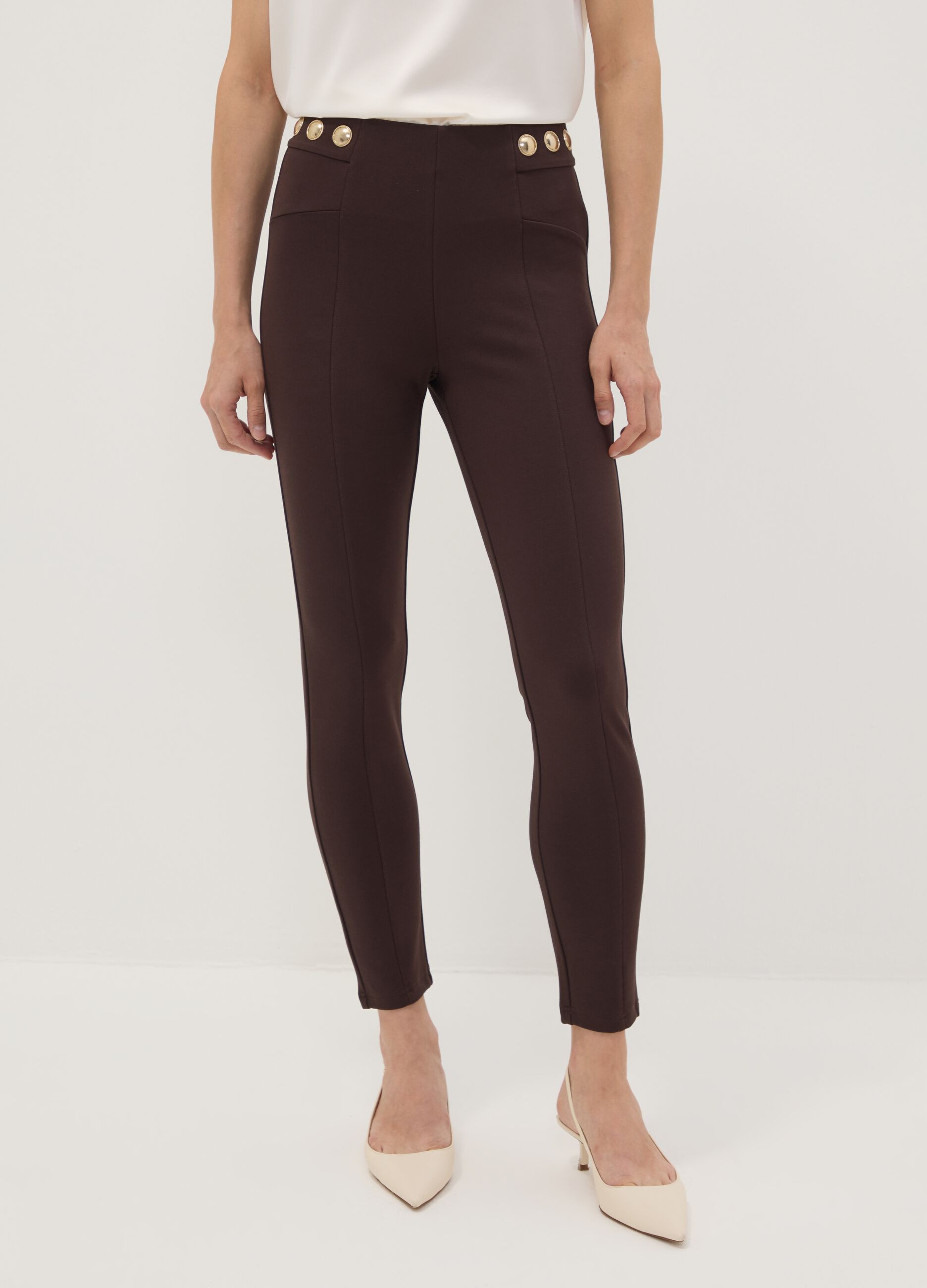 Leggings marroni in punto Milano di viscosa elasticizzata skinny fit