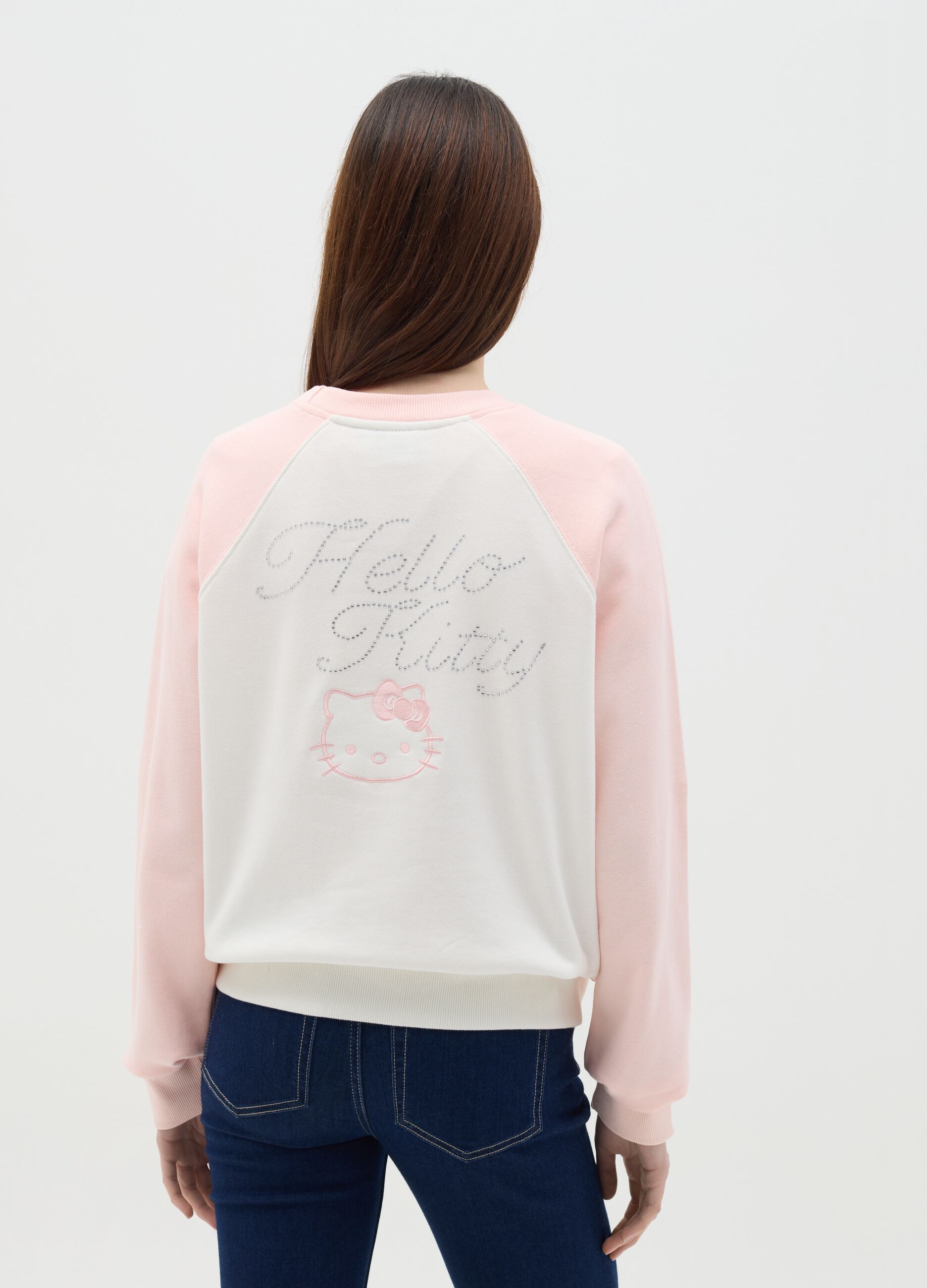 White and pink sweatshirt in French terry with Hello Kitty embroidery