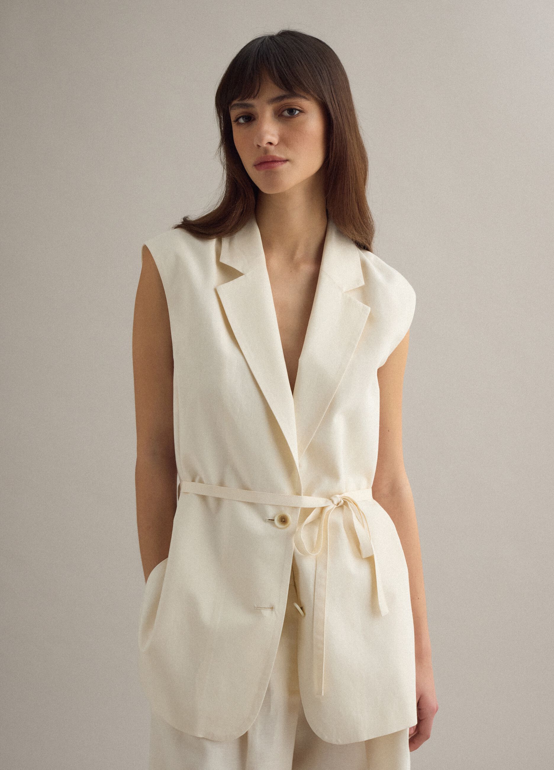 White regular-fit lyocell-linen blend waistcoat with belt