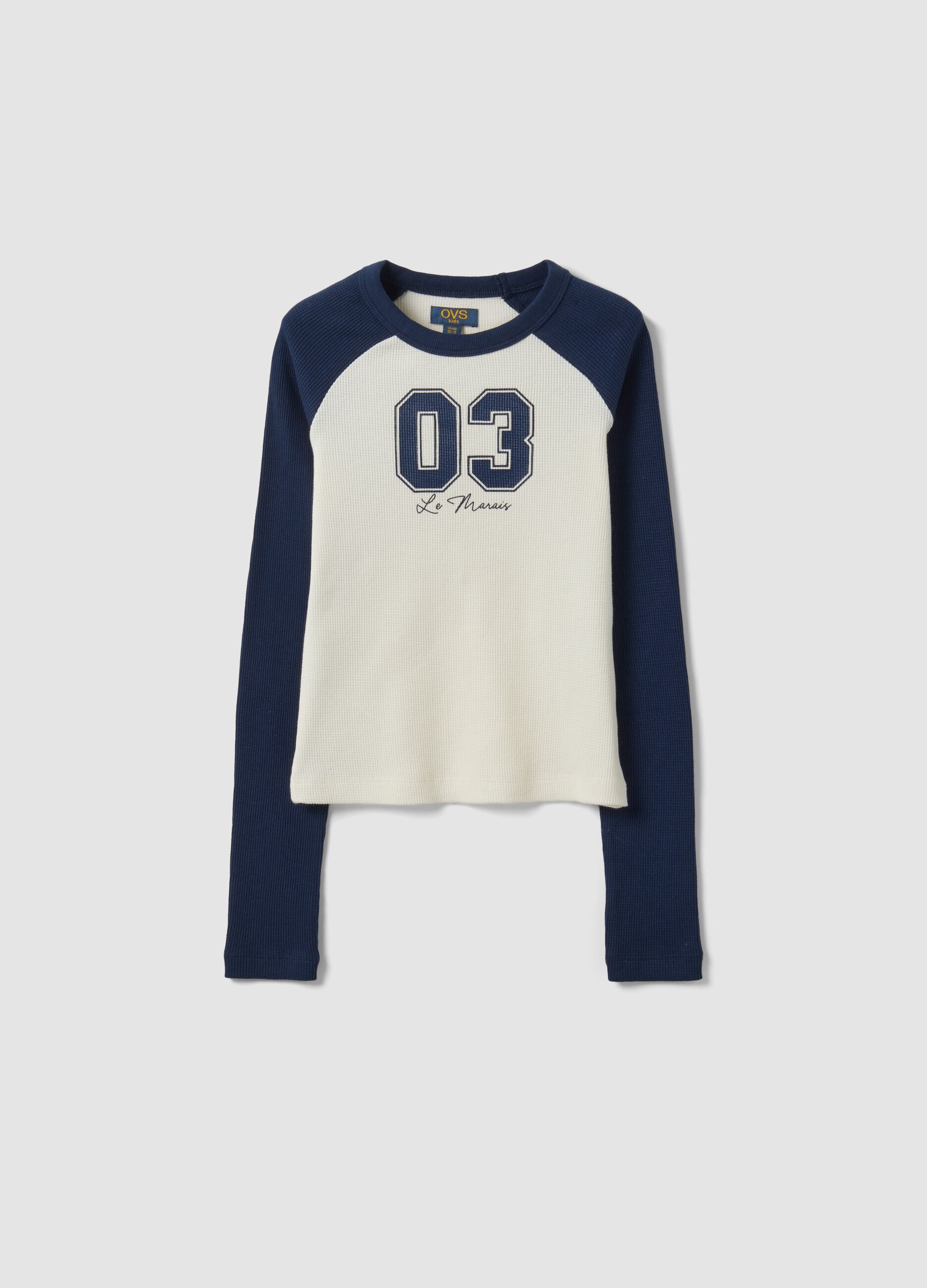 Blue stretch cotton T-shirt with contrast sleeves for girls