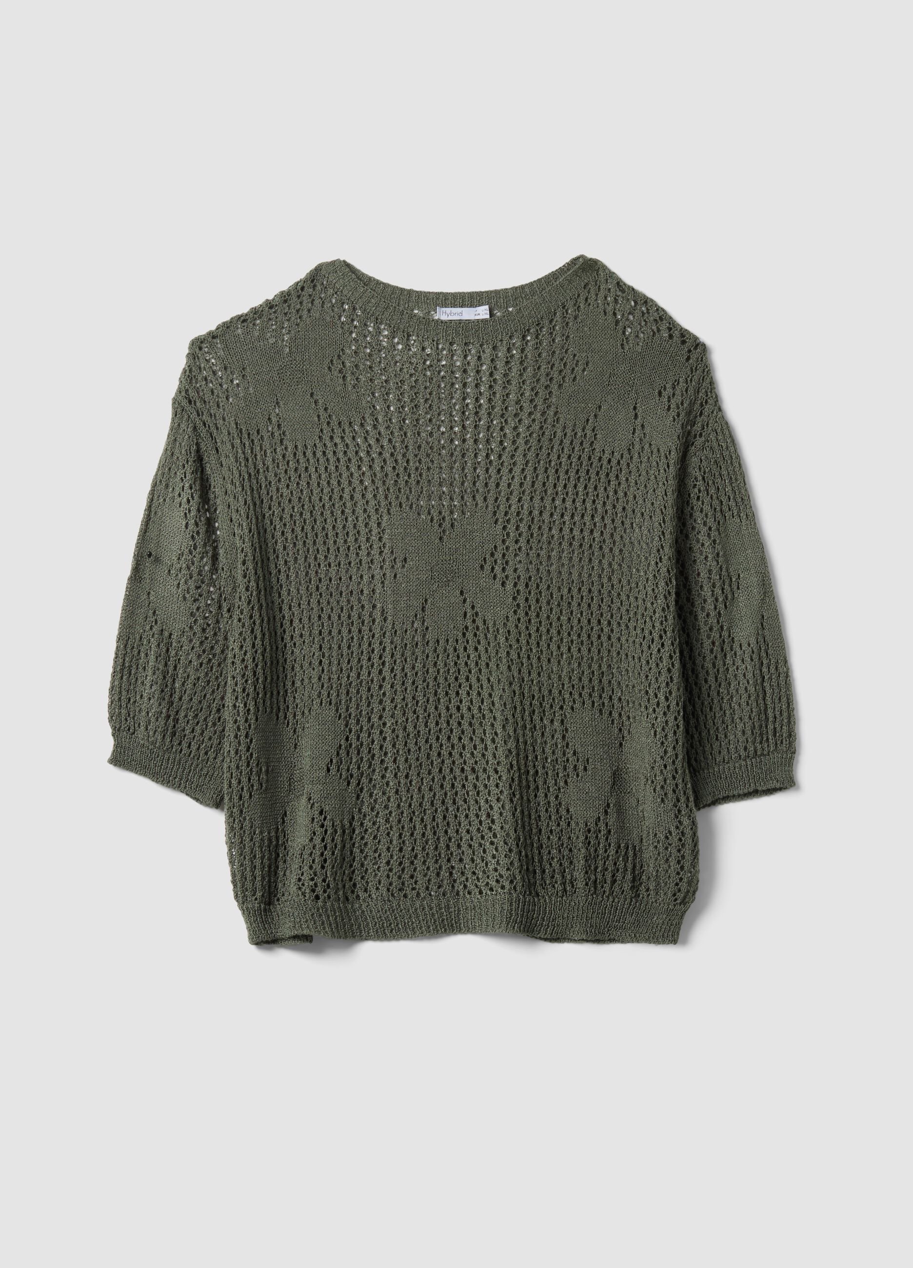 Green open-knit floral regular-fit top