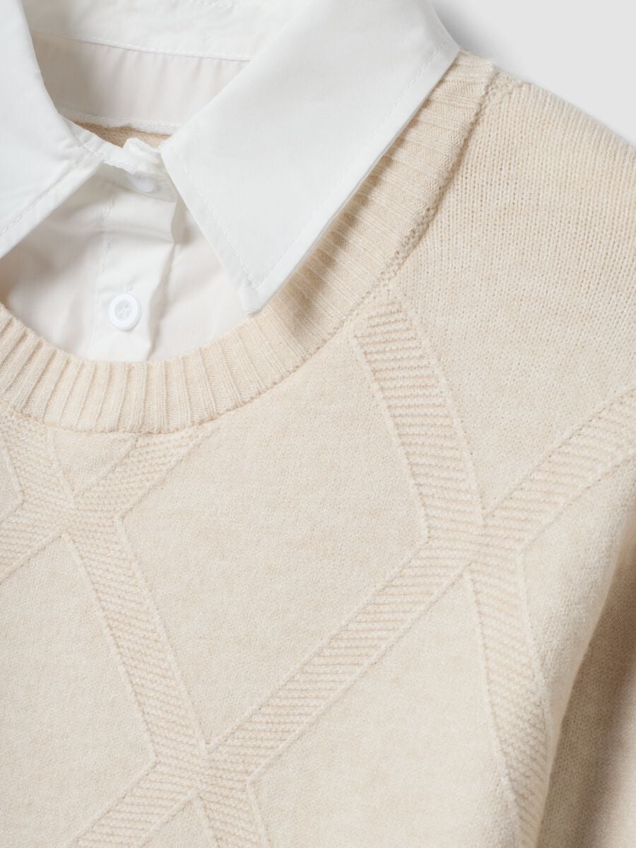 Beige viscose-blend knit top with shirt collar_1