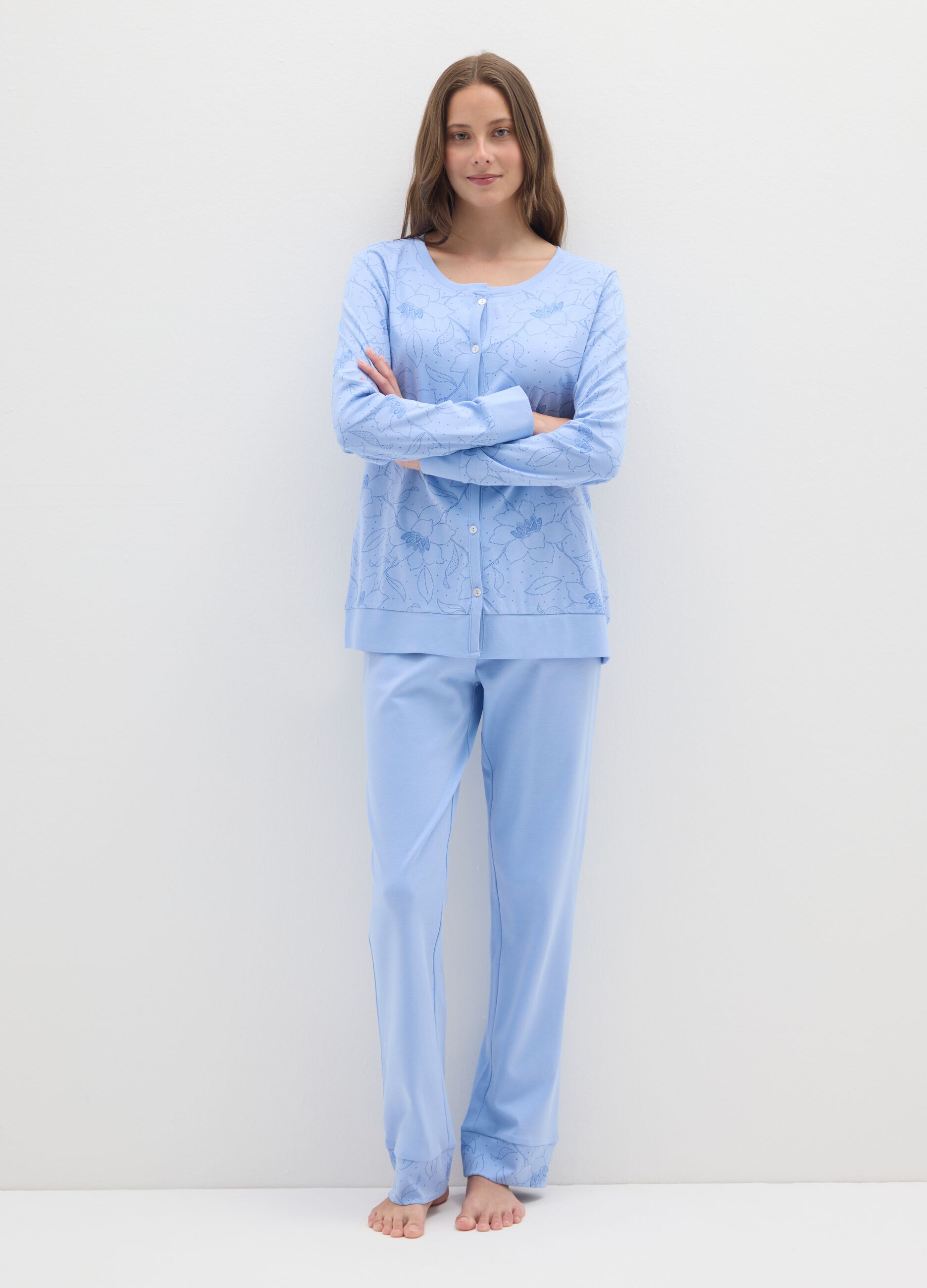 Blue cotton pyjamas with floral print