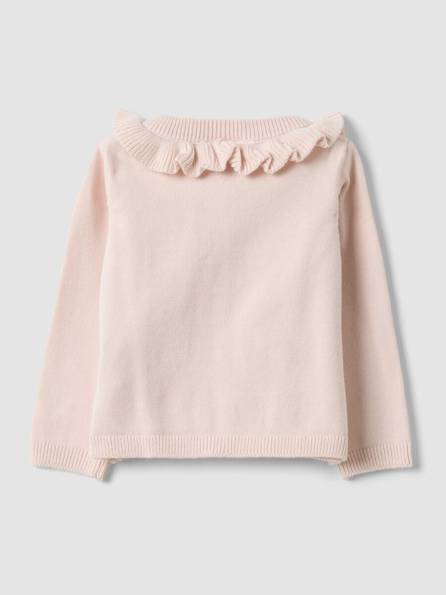 Cardigan rosa in puro cotone organico con colletto a volant per neonata_1
