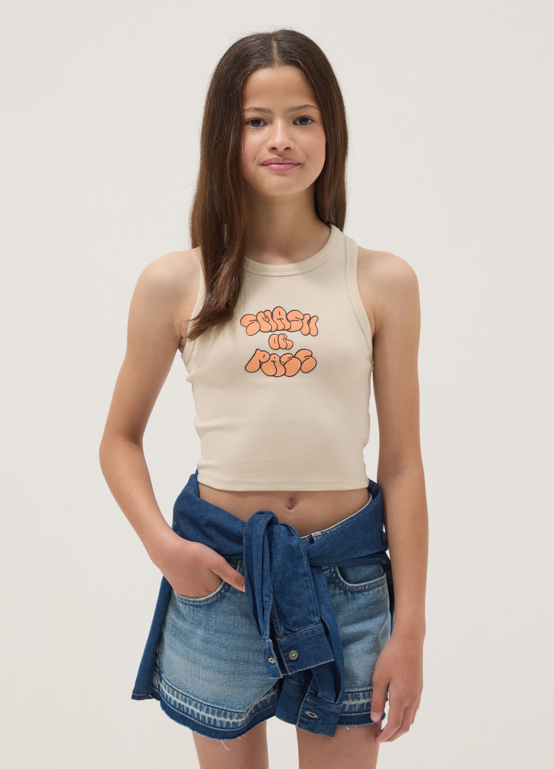 Beige fitted cotton-stretch printed vest top for girls