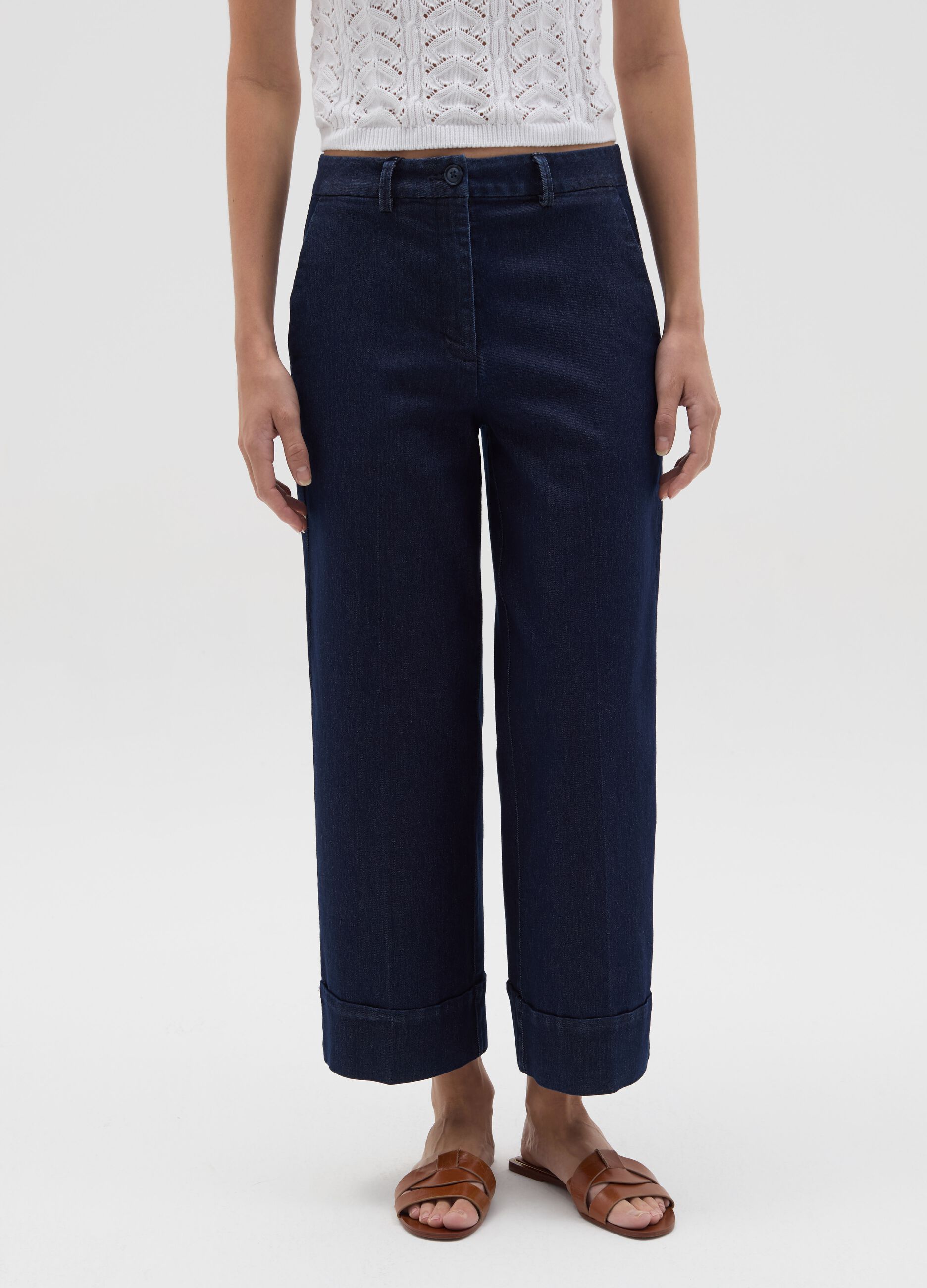 Fluid culotte trousers in denim with turn ups