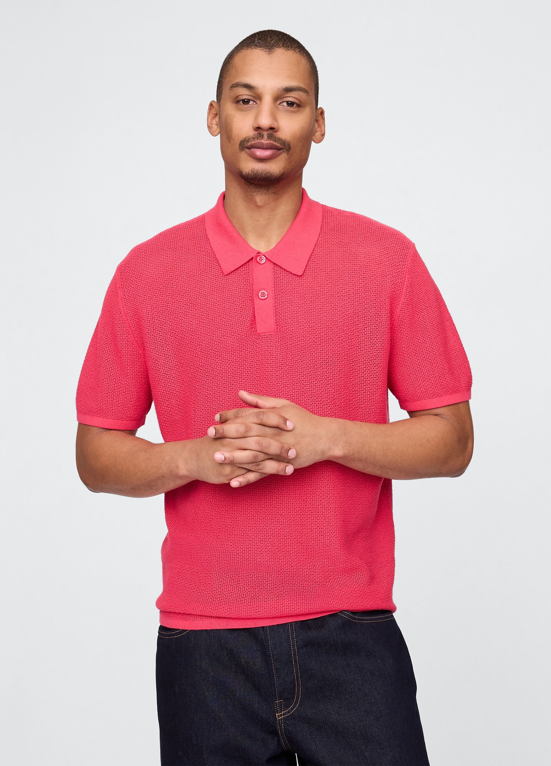 Pink Short Sleeve Polo in Textured Fabric