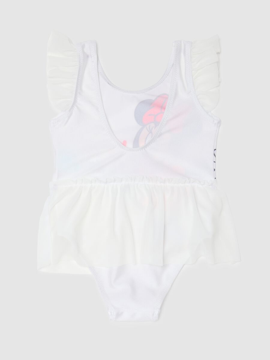 White Stretch Fabric Toddler Bodysuit with Minnie Print and Ruffle Details_1