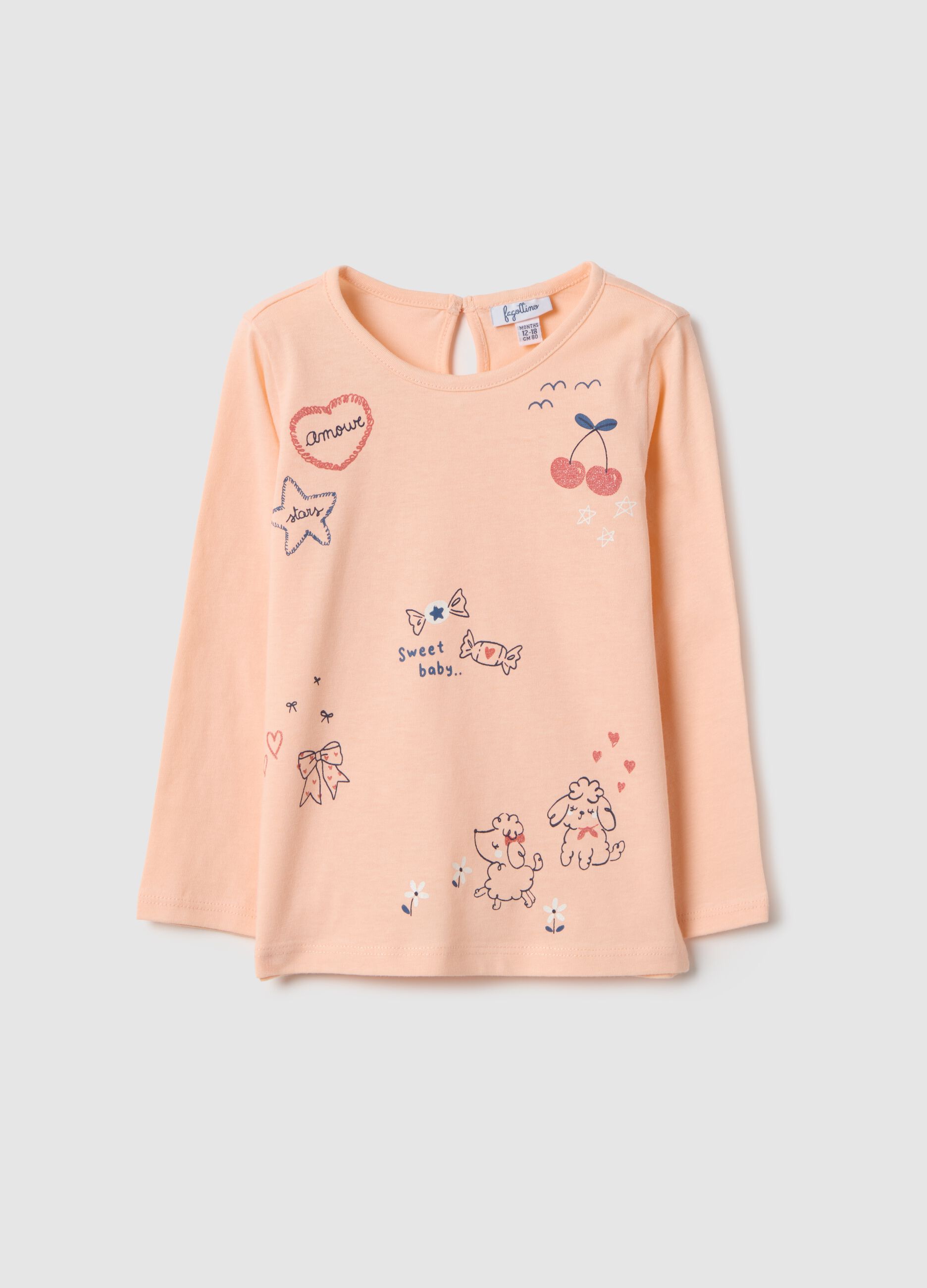 Orange long-sleeved girl's t-shirt in pure cotton regular fit