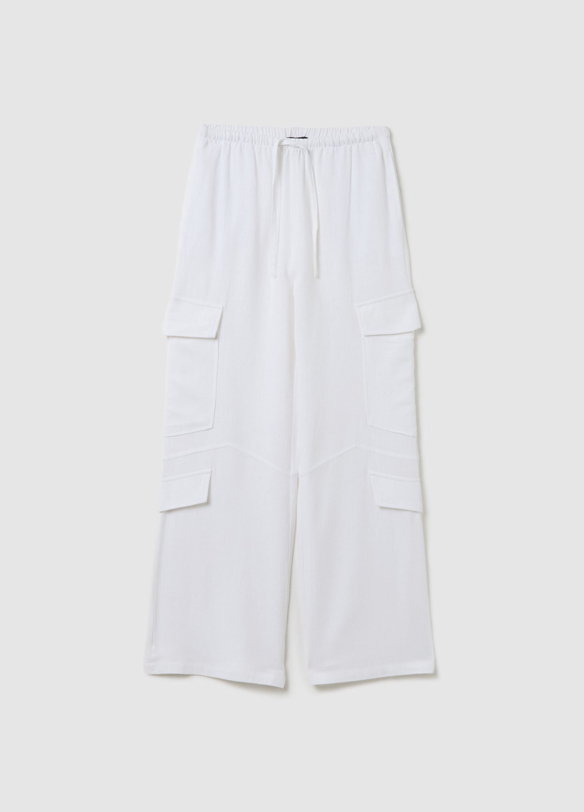 White Linen Wide-Leg Cargo Trousers
