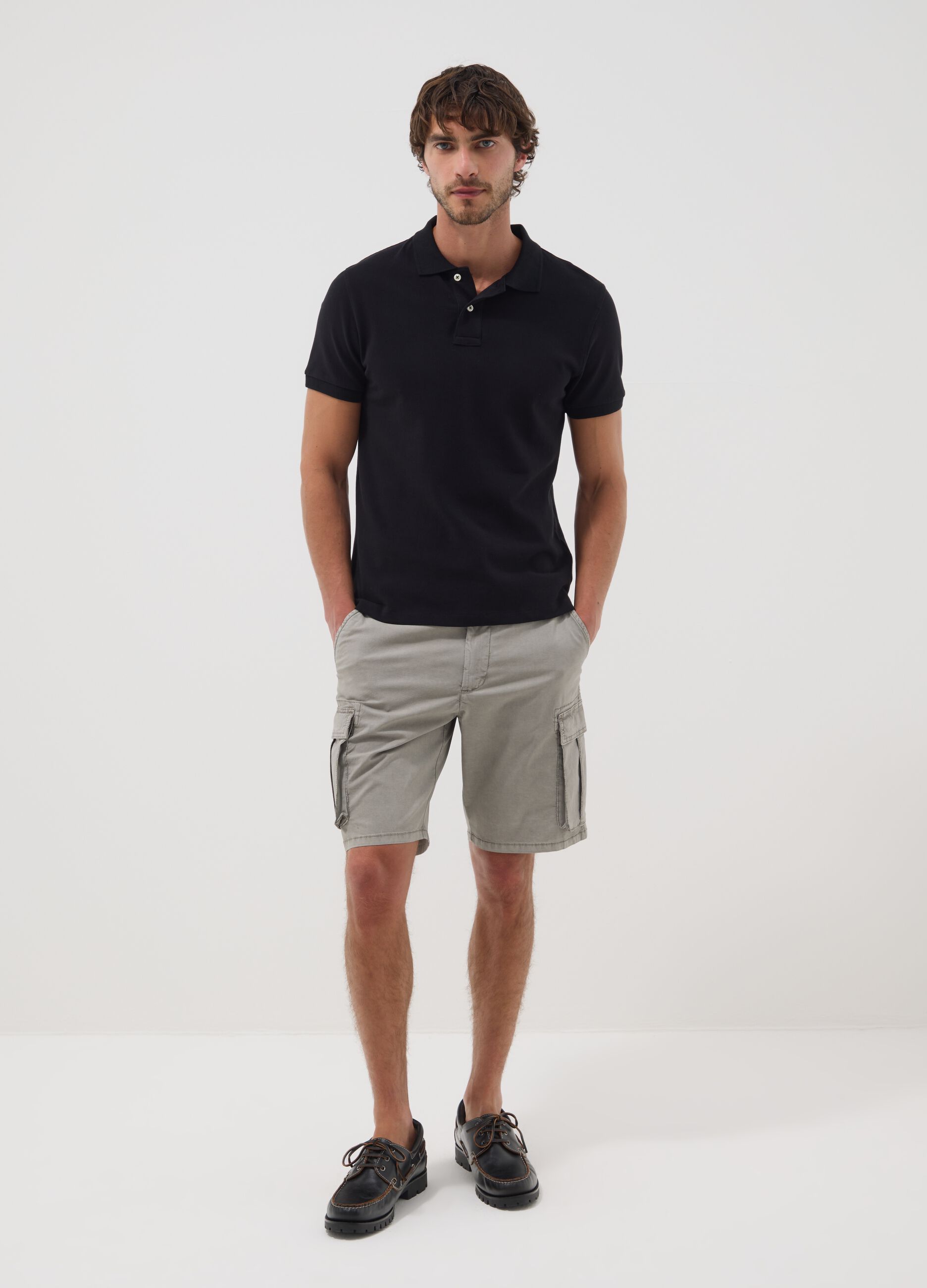 Grey stretch cotton cargo shorts