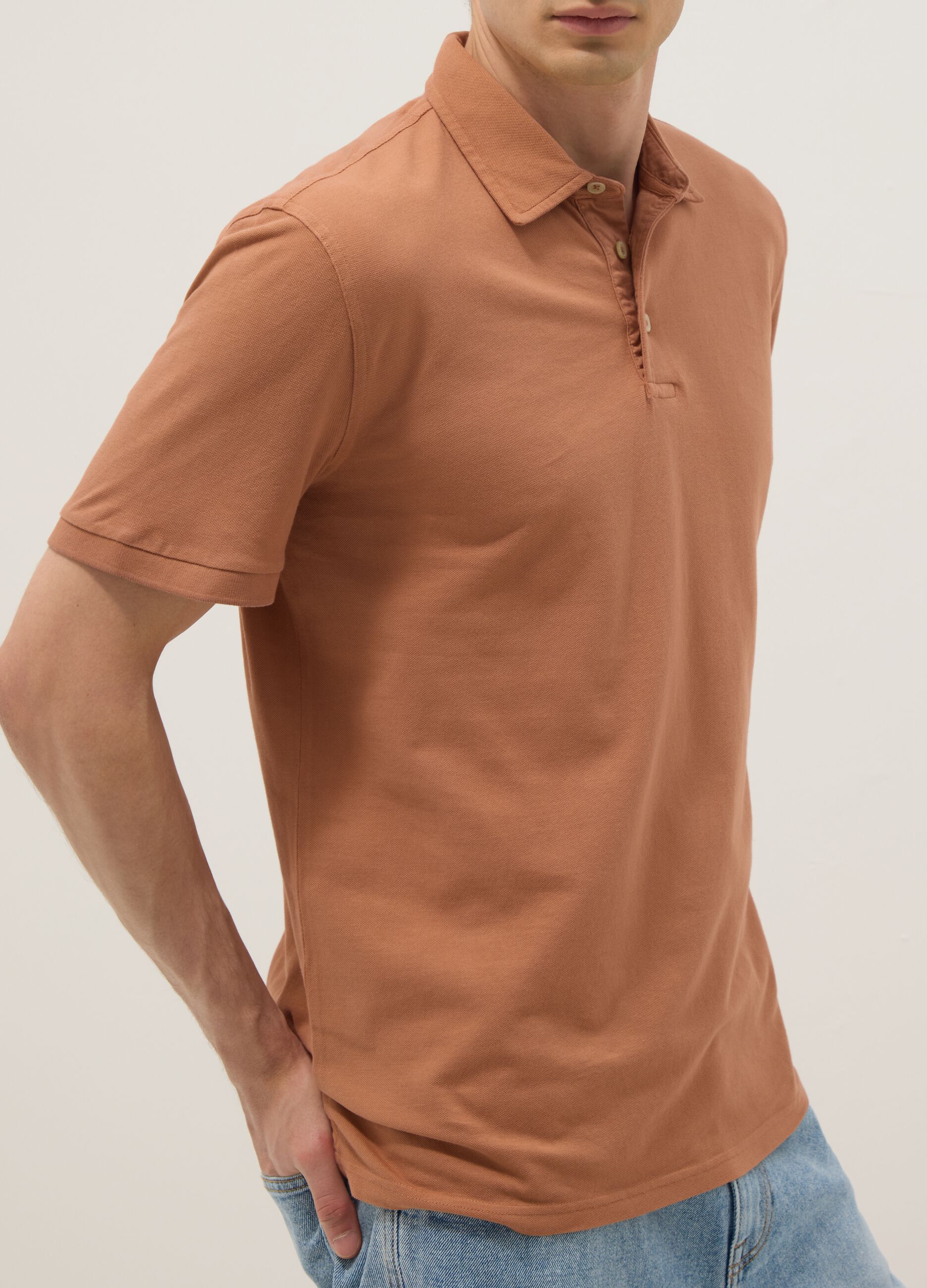 Brown pure cotton slim-fit short-sleeve polo shirt