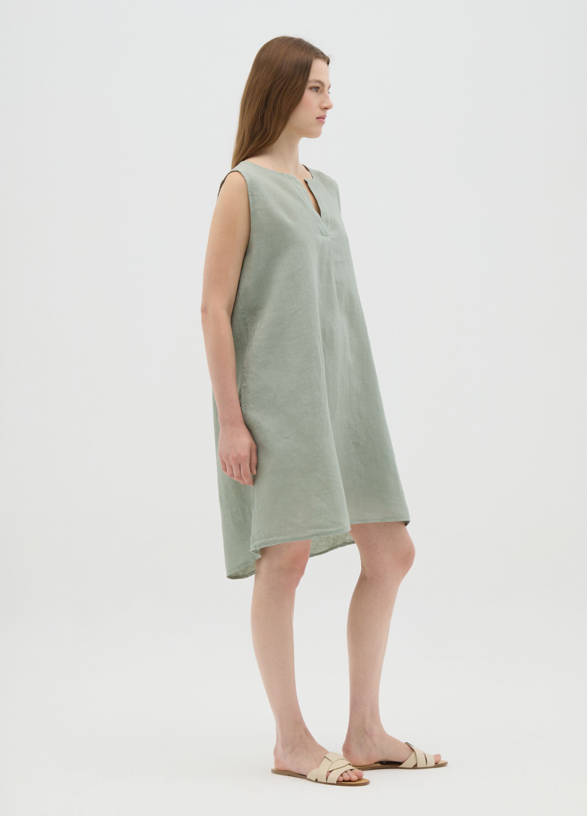 Women's Dress in Pure Green Linen Regular Fit