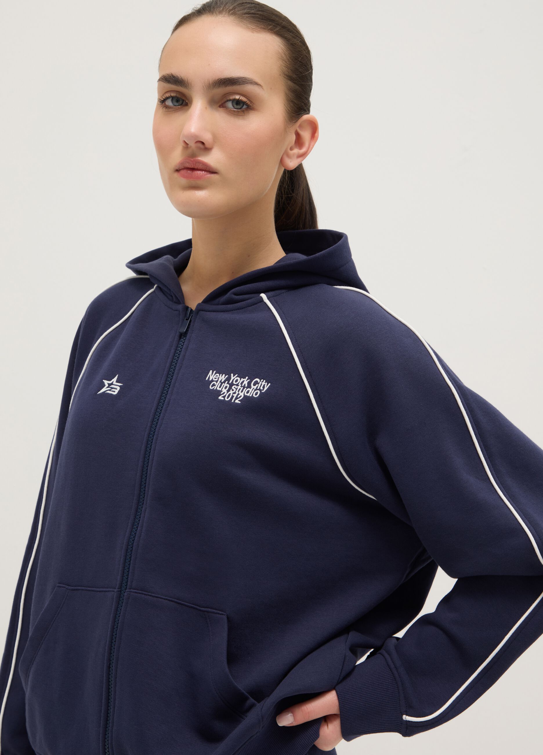 Blue hoodie with zip in cotton blend relaxed fit