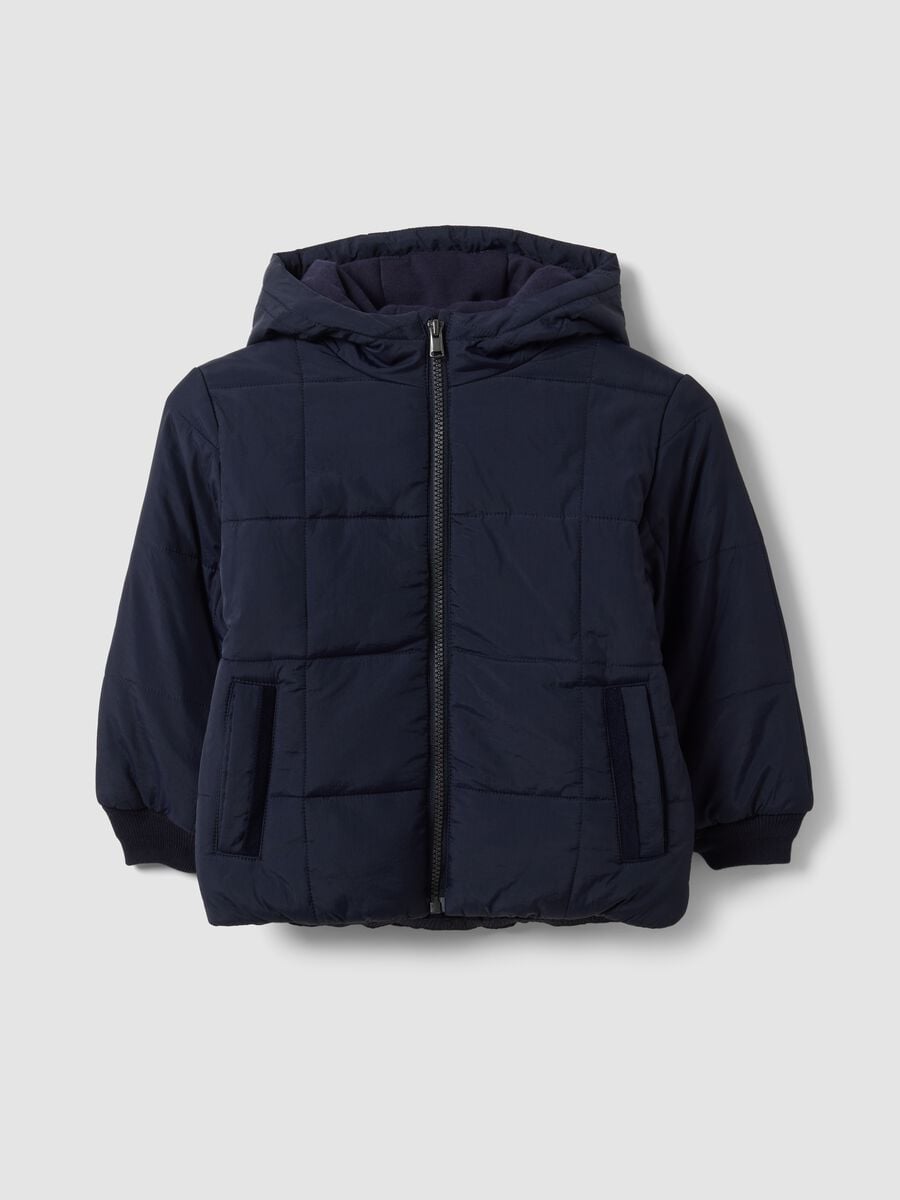 Giubbotto blu navy imbottito con cappuccio e zip per bambino_0