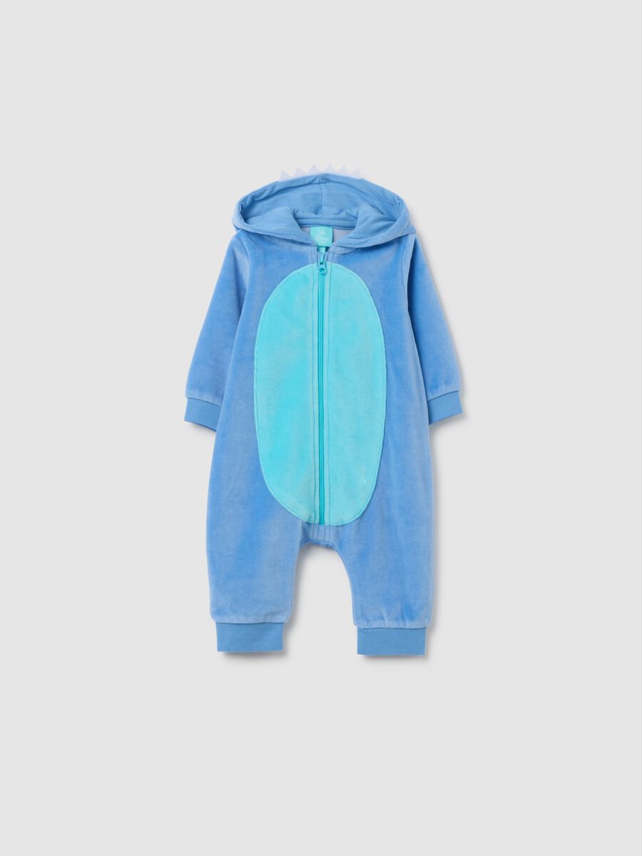 Tutina da neonato in misto cotone azzurra con cappuccio_0