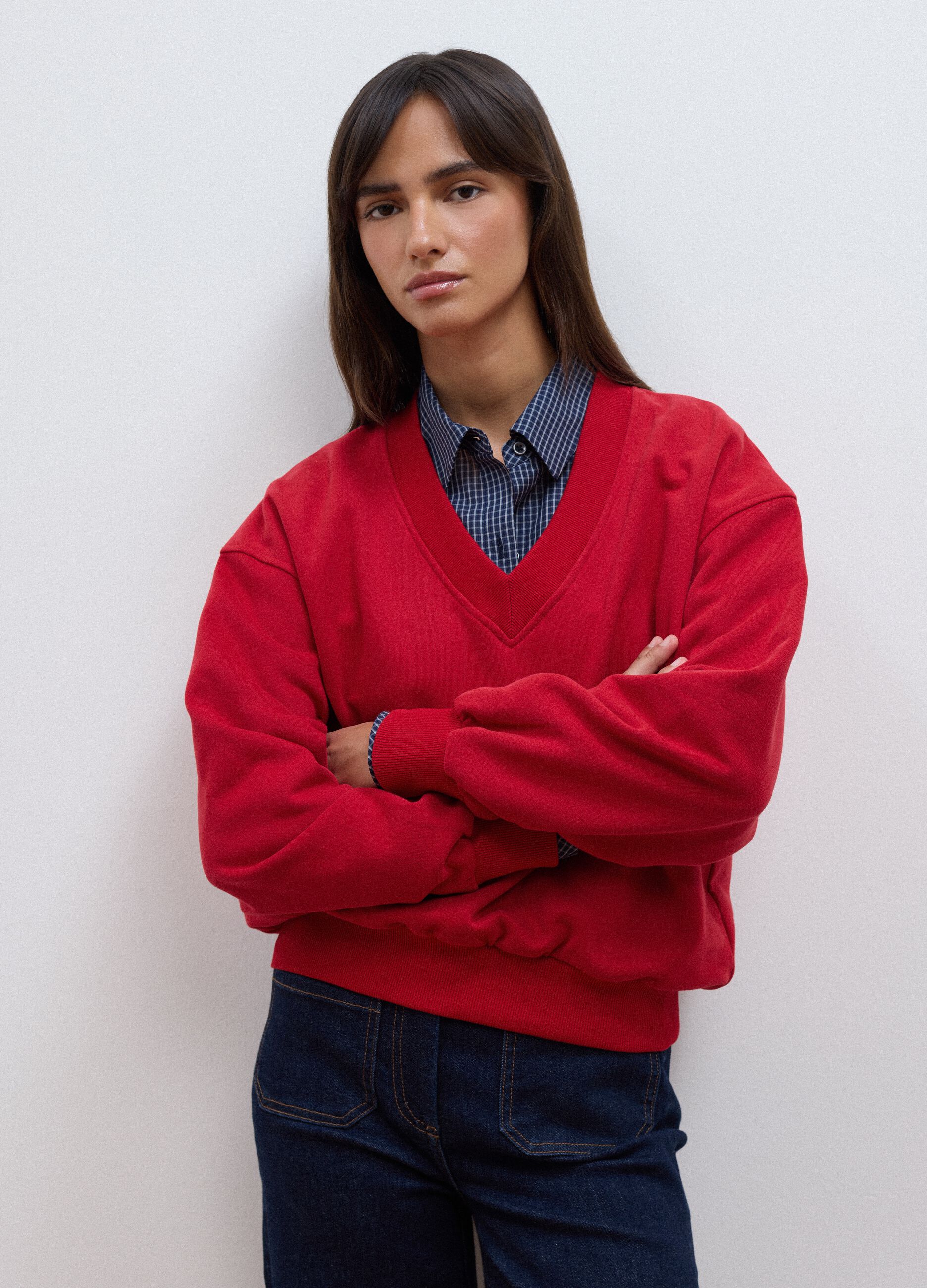 Red cotton-blend V-neck sweatshirt with oversized fit