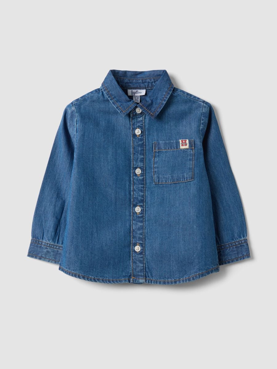 Blue denim shirt in pure cotton, regular fit, for boys_0