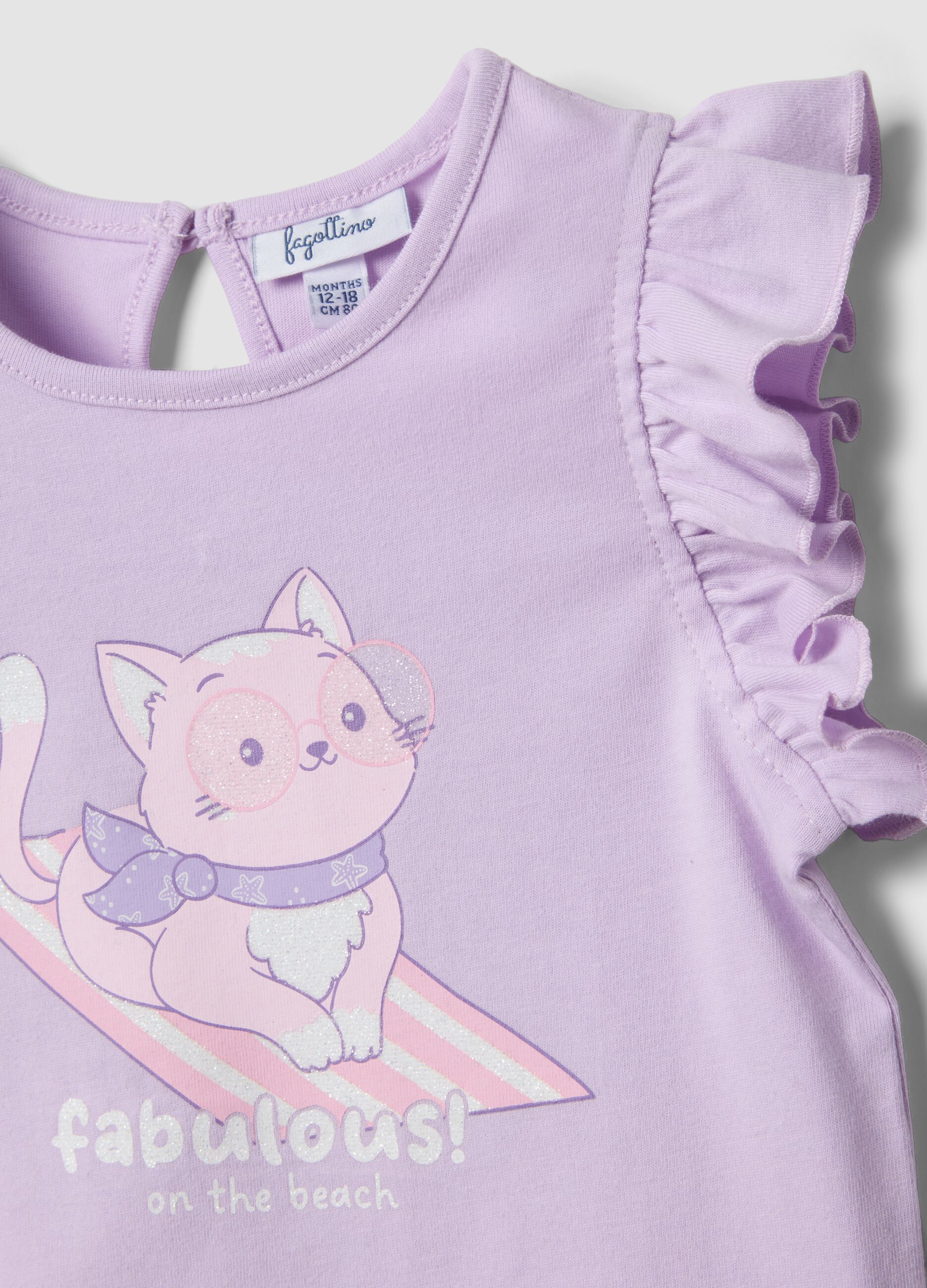 Purple organic cotton girls&rsquo; tank top with print and ruffles