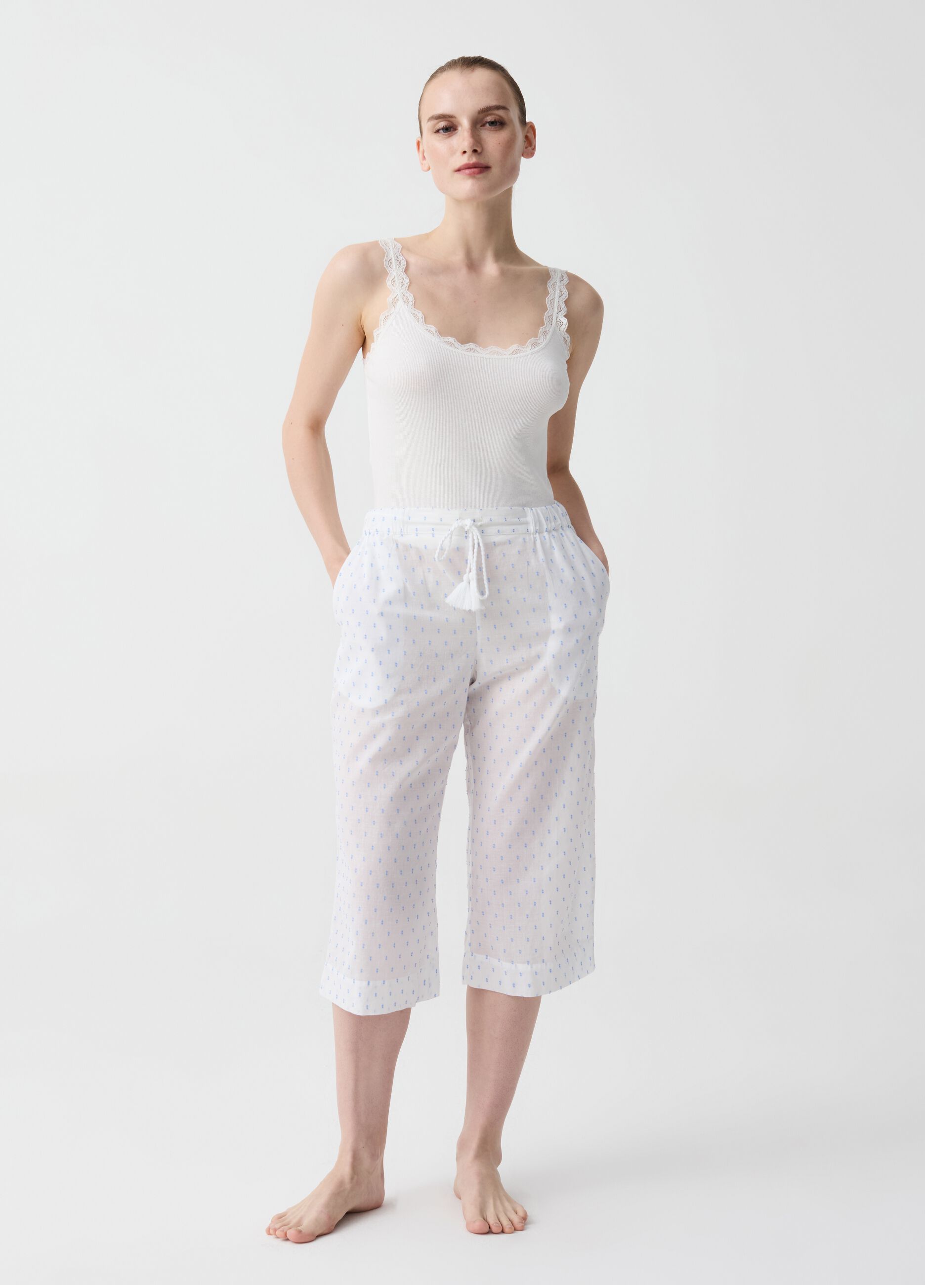 Pantalone pigiama pinocchietto in cotone dobby