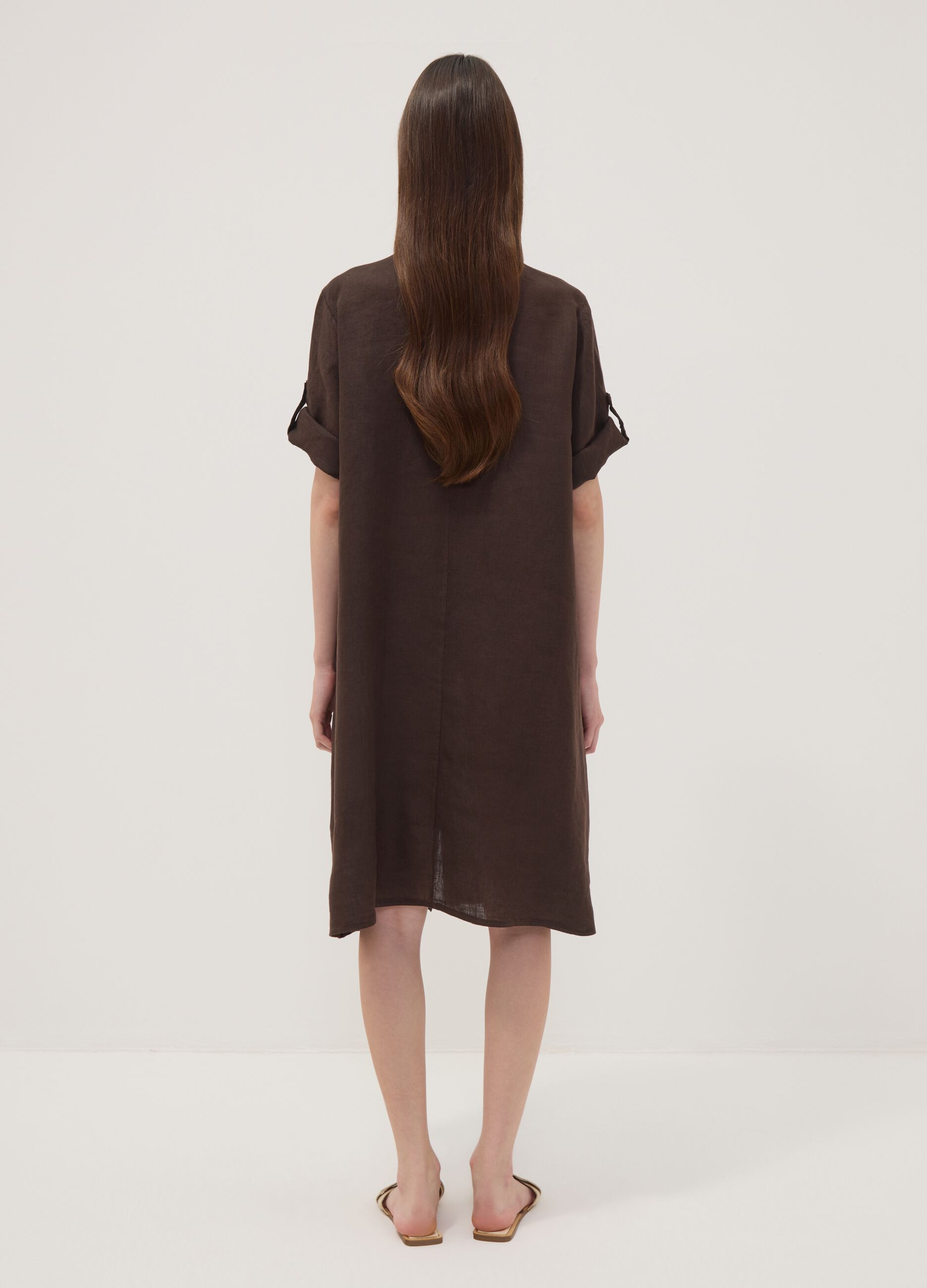 Brown pure linen dress with Mandarin collar, regular fit