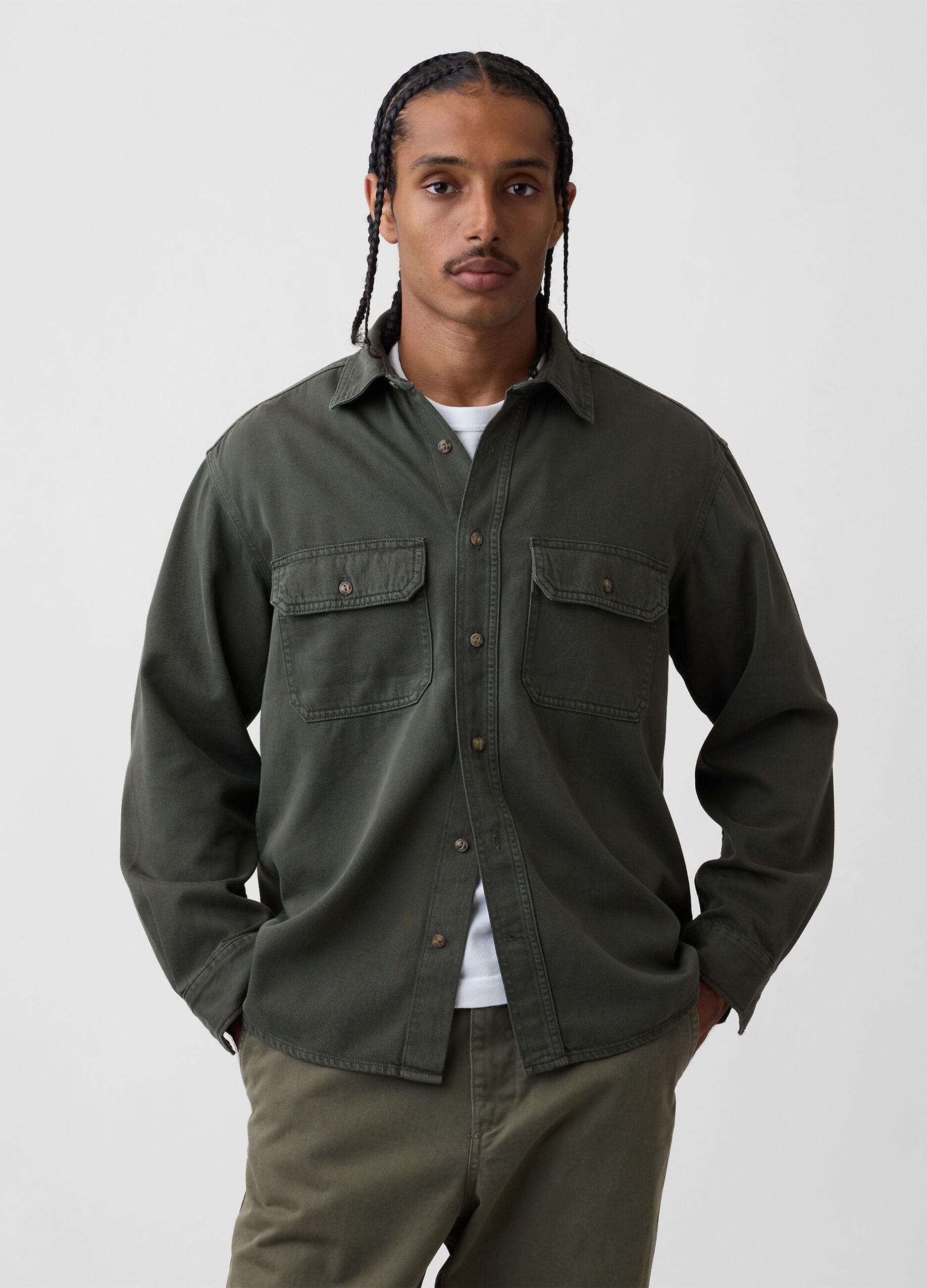 Green cotton-lyocell blend shirt with pockets