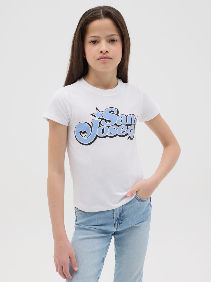 White stretch cotton T-shirt with print_0