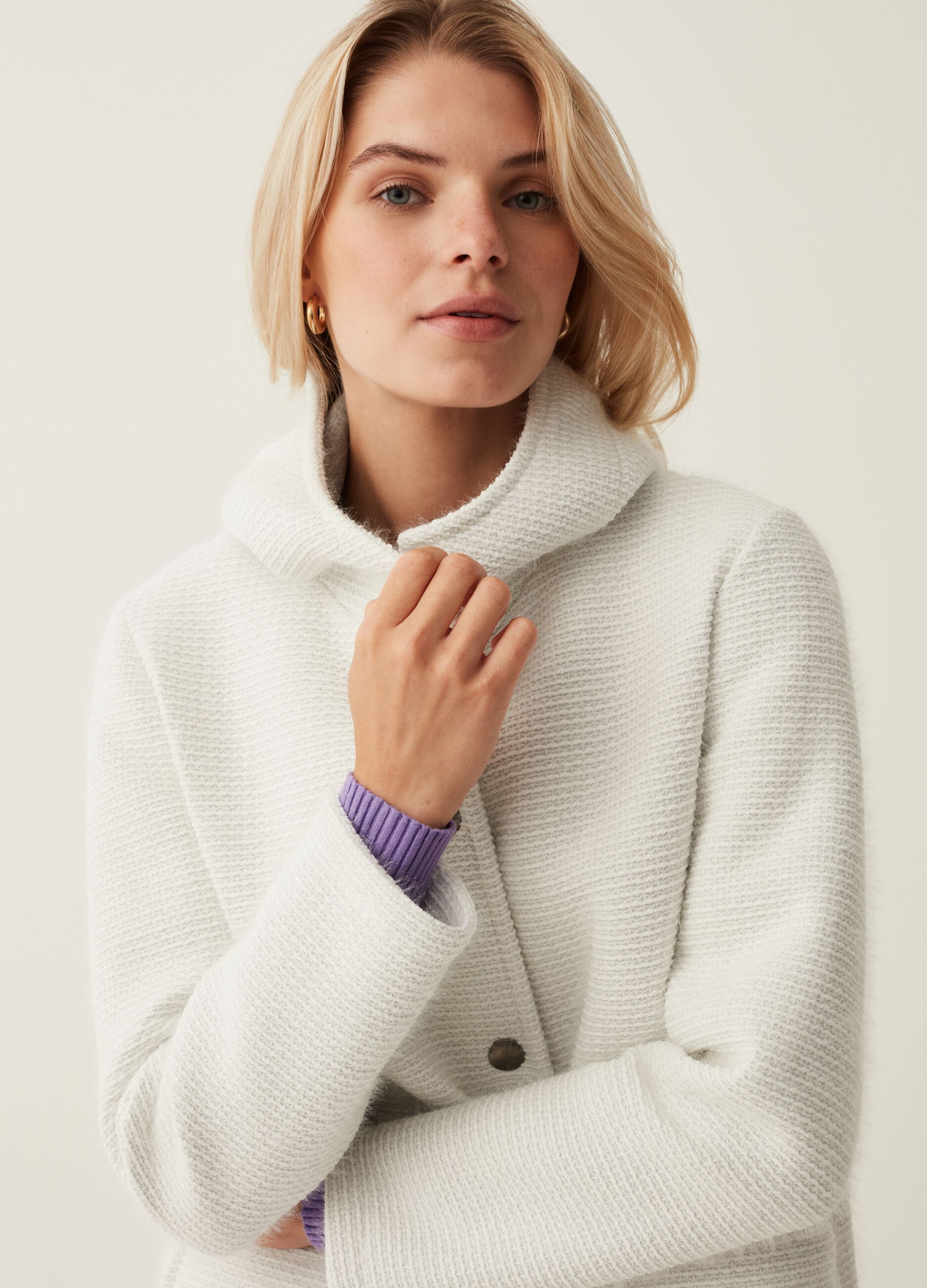 Giacca lunga effetto tweed con cappuccio_1