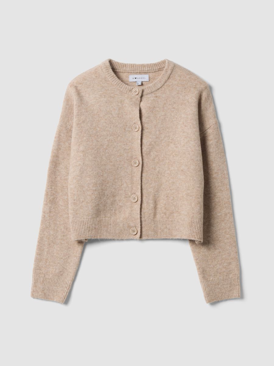 Beige stretch fabric crew-neck oversized cardigan_0