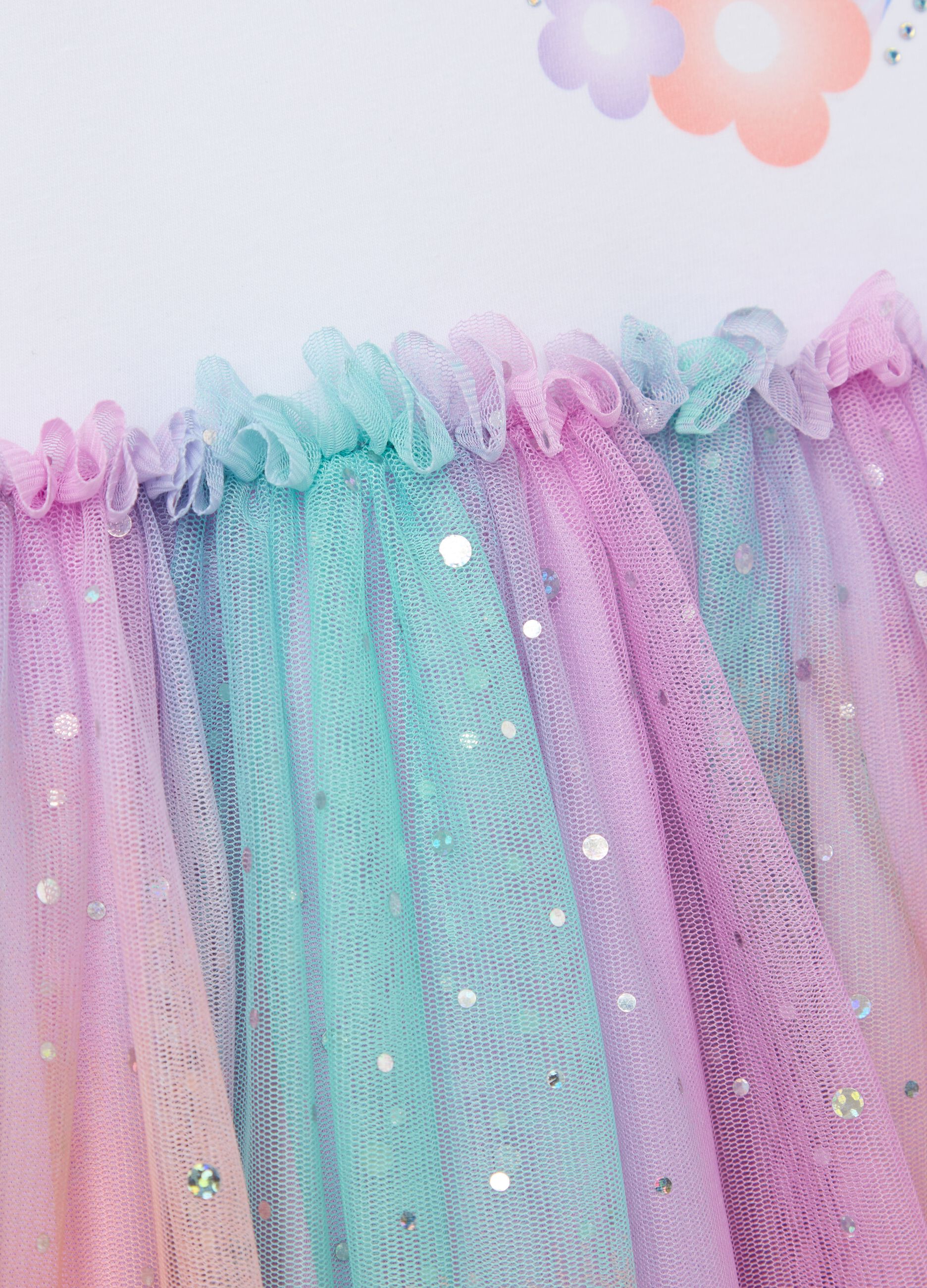 Abito bianco e viola con gonna in tulle stampa Elsa