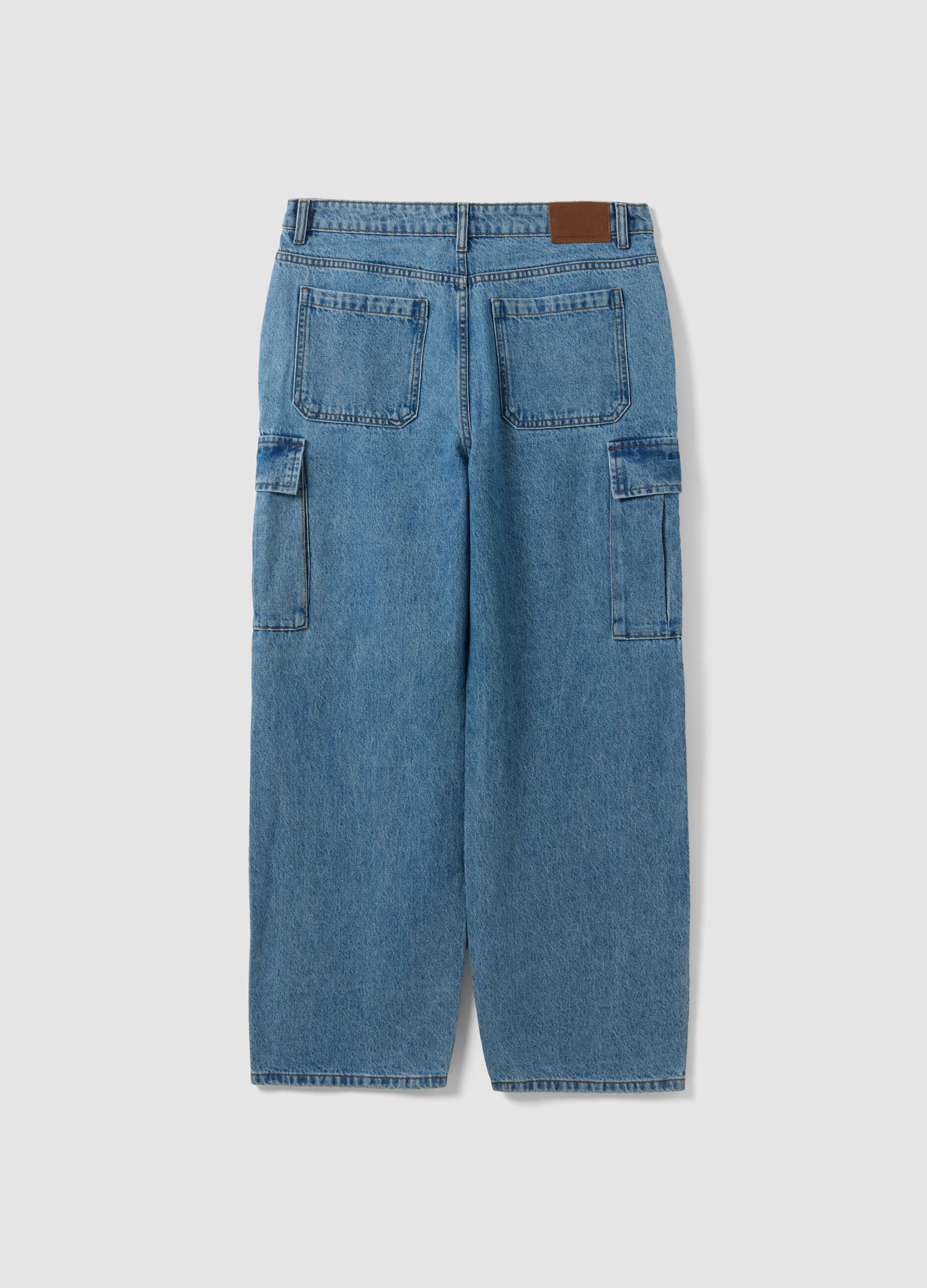 Blue pure cotton wide-leg cargo jeans