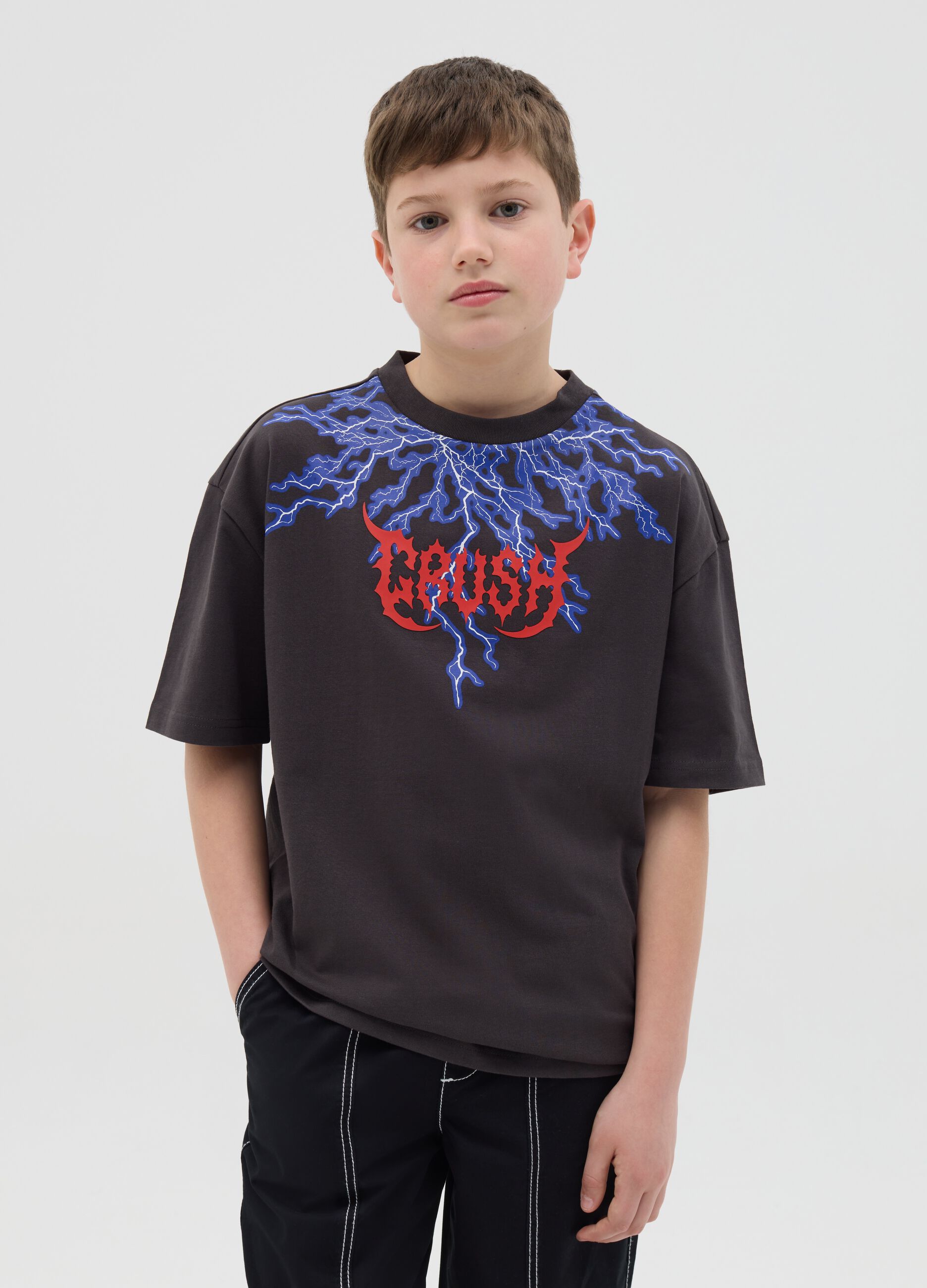 Cotton T-shirt with "Crush" lightning print