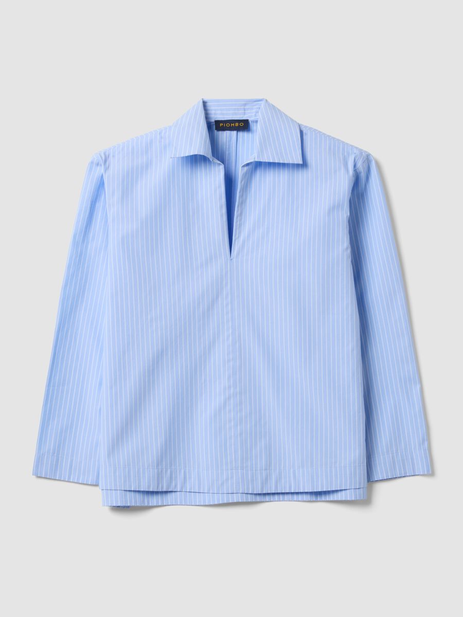 Camicia azzurra a righe in popeline di puro cotone con scollo a V_4