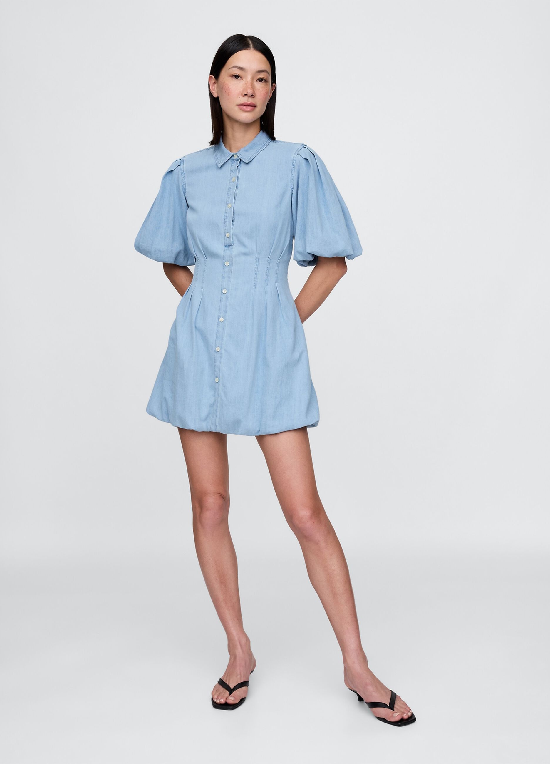 Blue cotton dress with puff sleeves