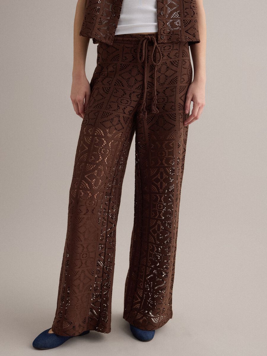 Brown openwork wide-leg trousers with elasticated waistband_1