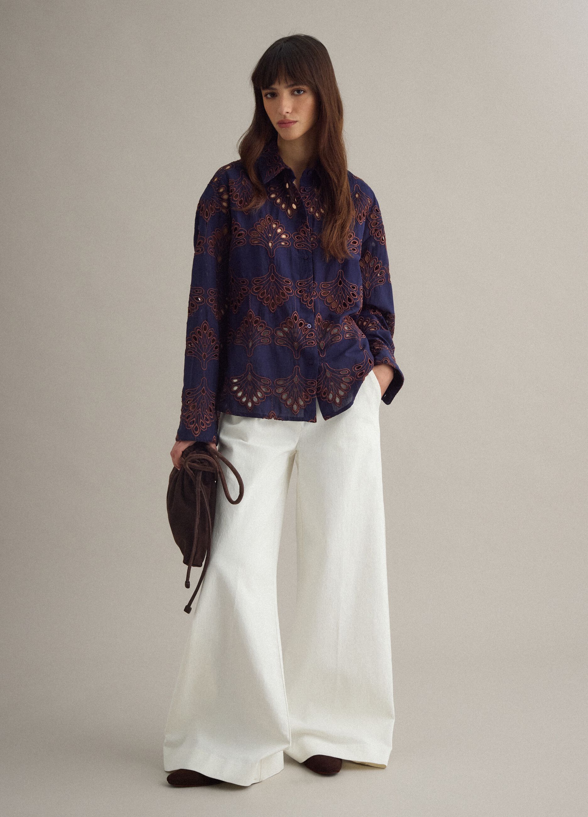 Blue short-sleeve pure cotton shirt with openwork embroidery