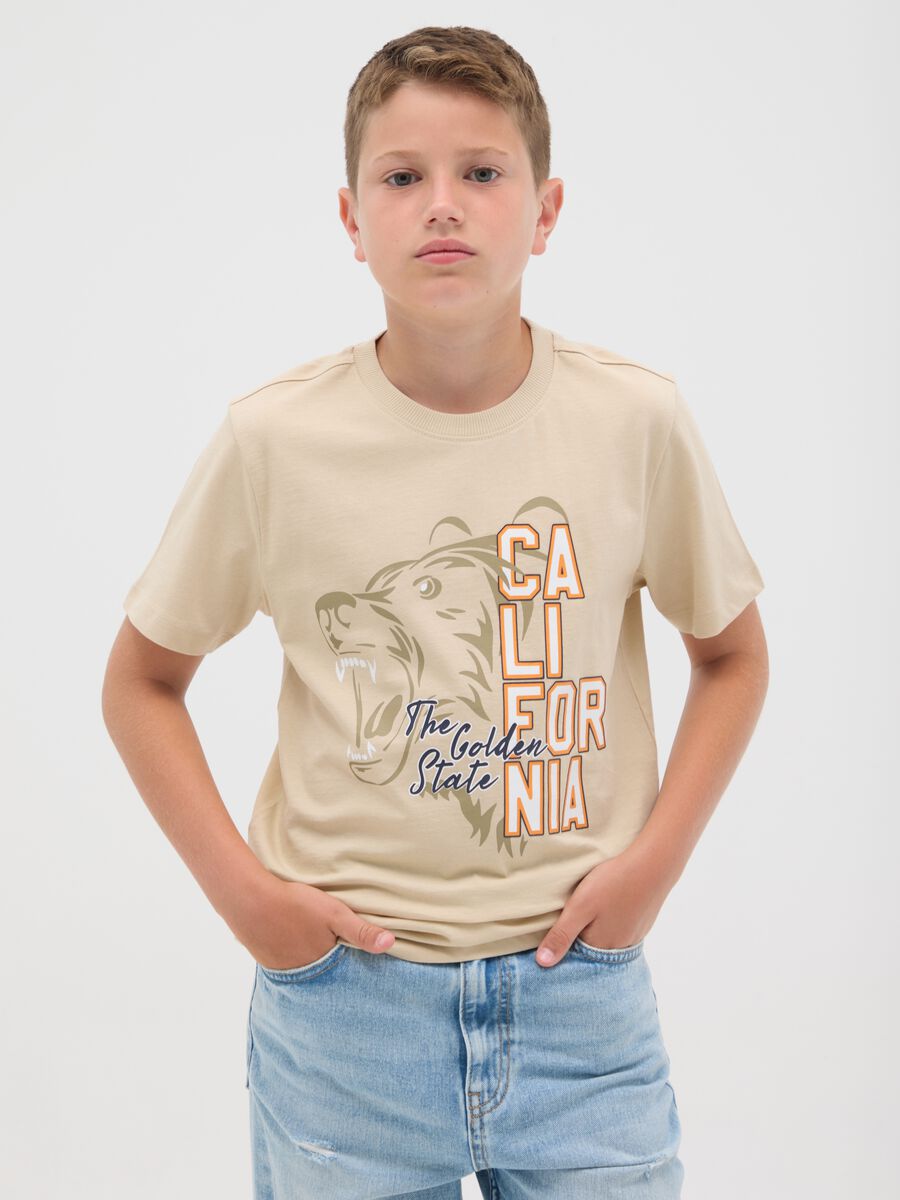 T-shirt beige in cotone con stampa_0