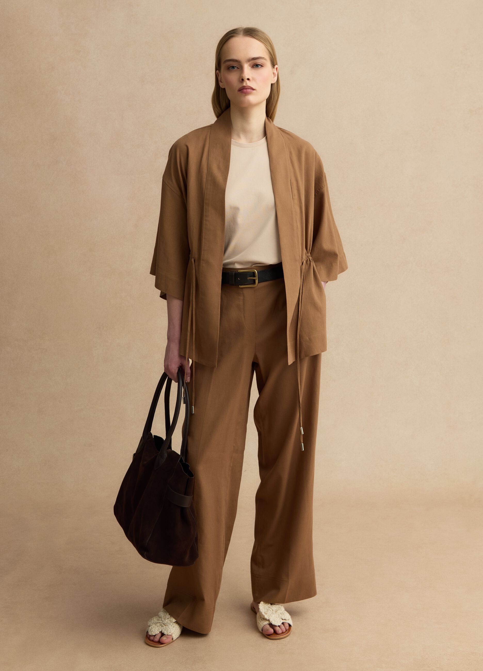 Pantaloni in misto lino e viscosa marroni wide leg