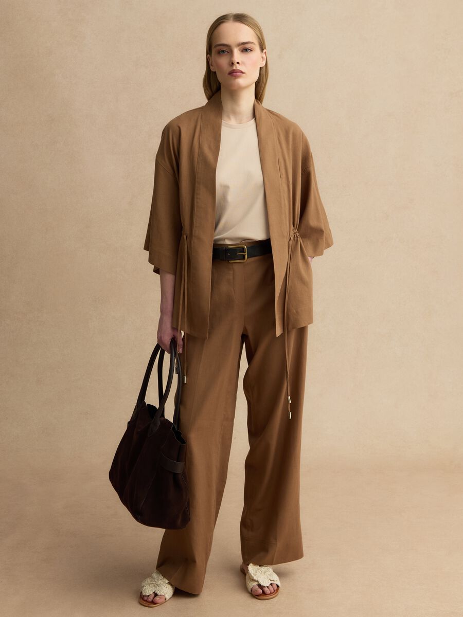 Pantaloni in misto lino e viscosa marroni wide leg_0