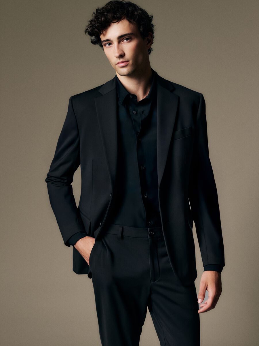 Camicia in tessuto elasticizzato nero slim fit_0
