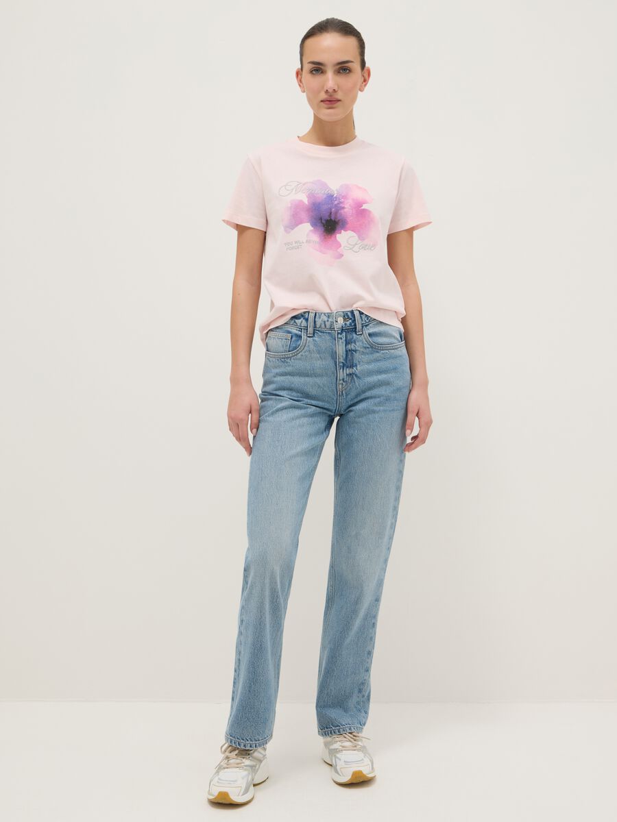 Regular Fit Pure Cotton Pink T-shirt with Floral Print_1