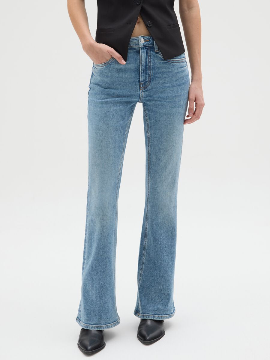 Blue denim cotton stretch flare jeans_1