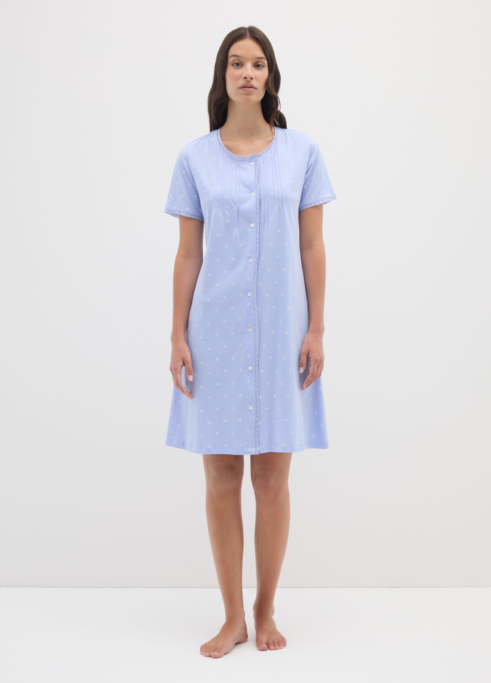 Camicia da notte in puro cotone azzurro con micro fantasia 