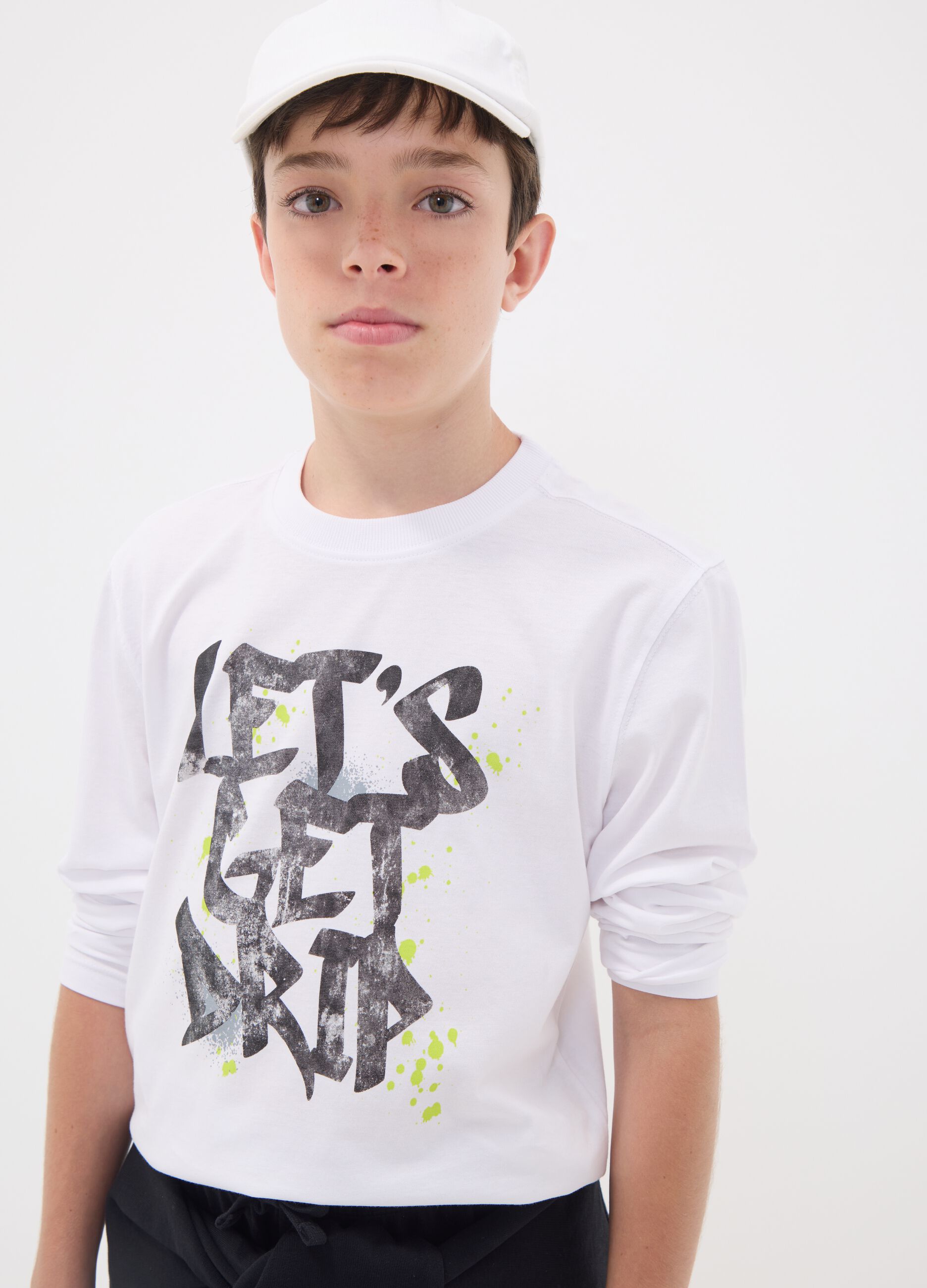 White organic cotton T-shirt with &ldquo;Let&rsquo;s get drip&rdquo; slogan for boys