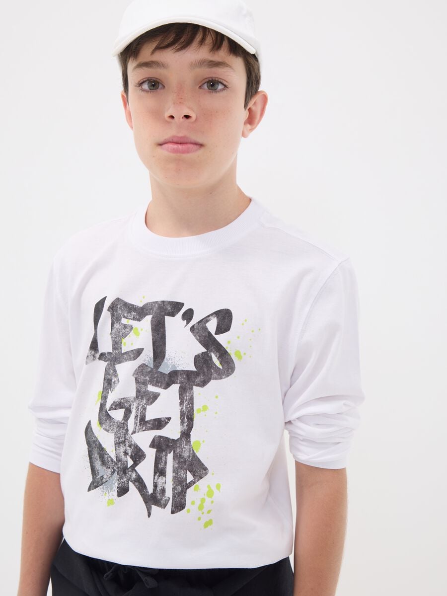 White organic cotton T-shirt with &ldquo;Let&rsquo;s get drip&rdquo; slogan for boys_0