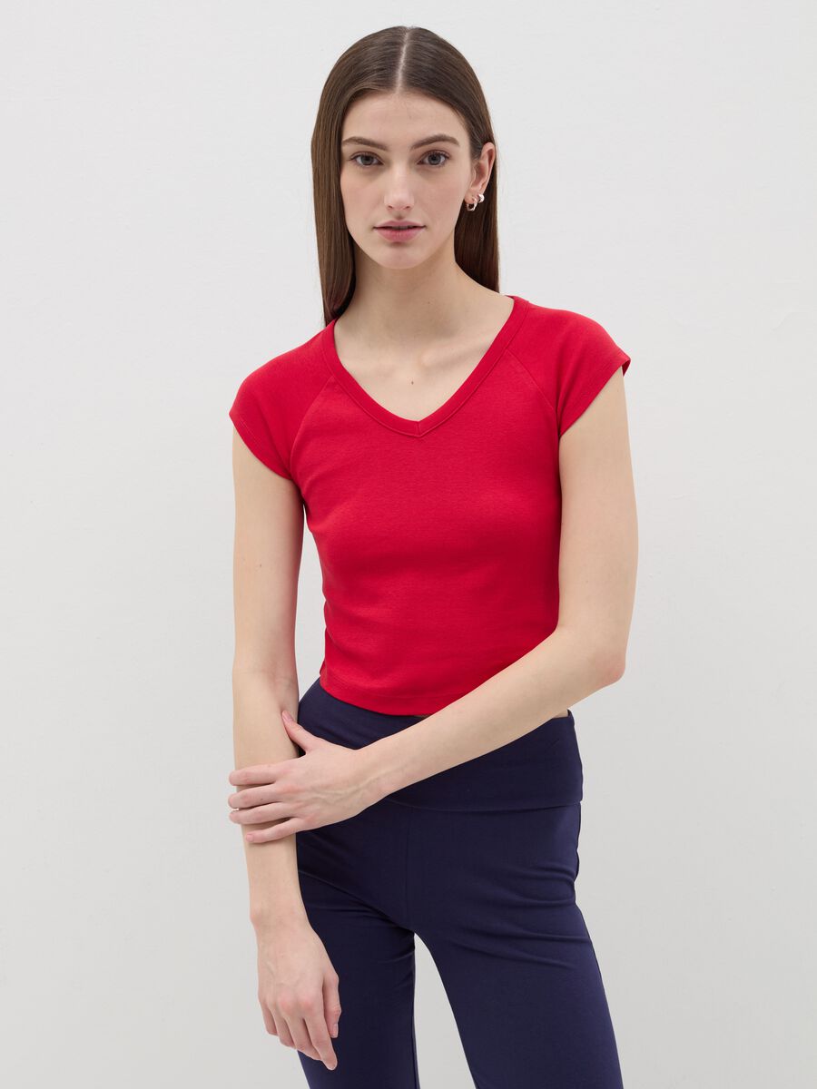Solid colour T-shirt with V neck_0