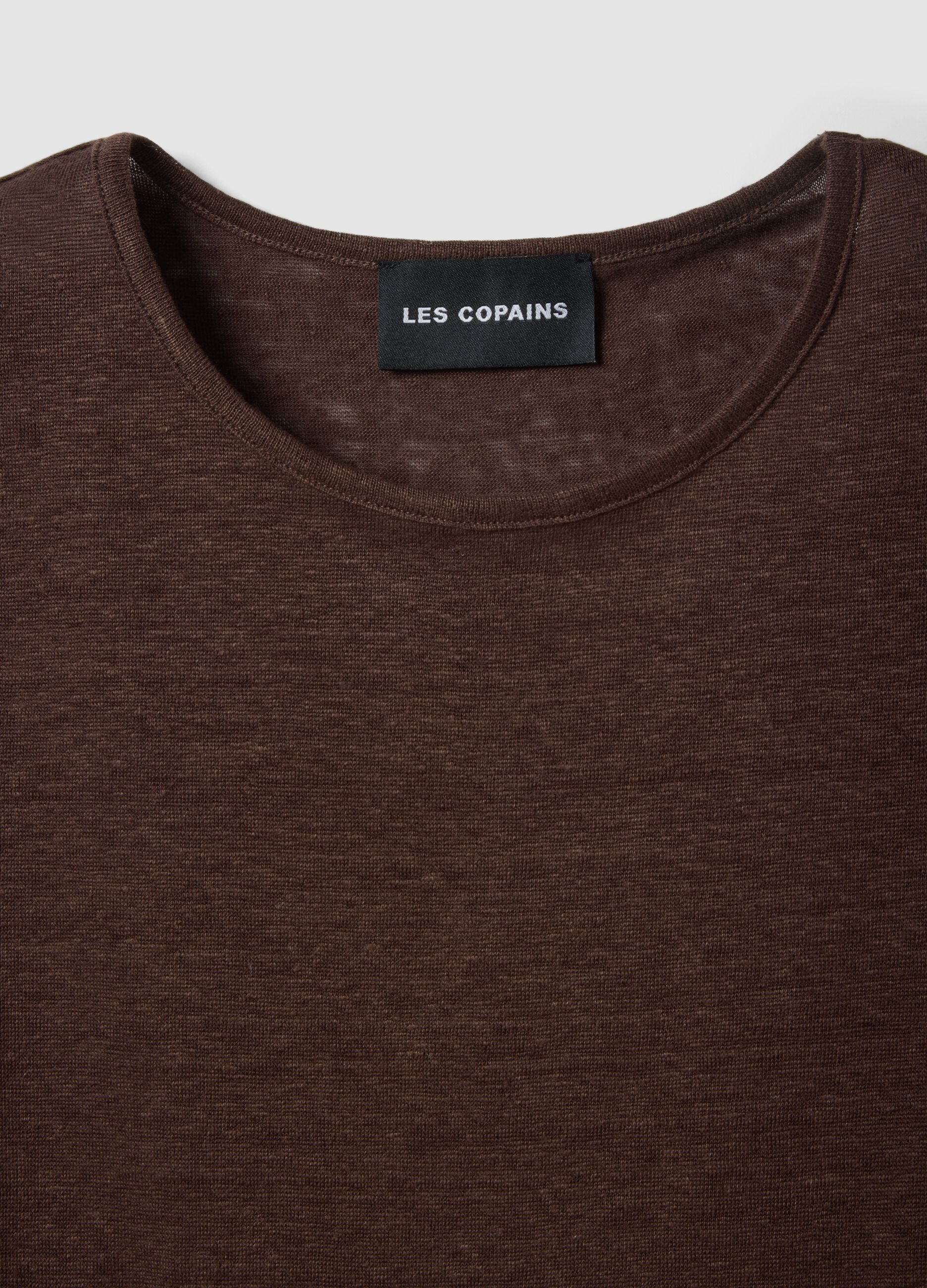 Brown short-sleeved pure linen T-shirt, regular fit