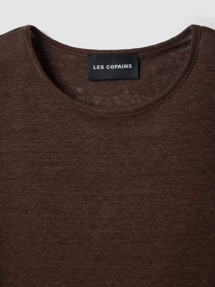 T-shirt a maniche corte marrone in puro lino regular fit_5